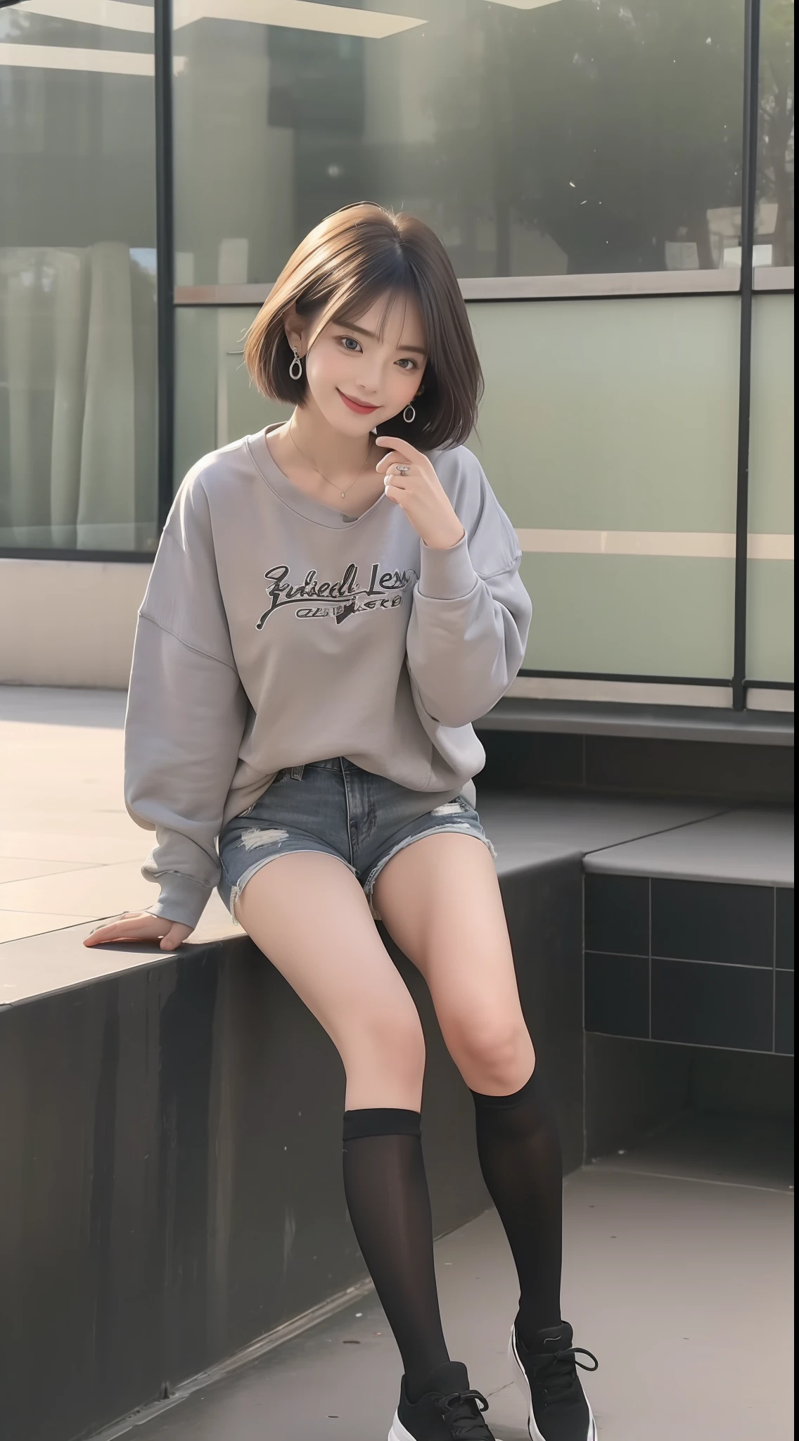 (true to life,Photorealistic 1.5),((best qualtiy, 8K, tmasterpiece:1.3)),SLR camera (二重まぶた,largeeyes:1.3),(smile1.5),(Full body photo 1.5)(One person 1.5)Clear focus 1.2, Perfect body beauty:1.4 , Delicate skin1.1,(short white hair 1.5),(Delicate facial features1.4),(Pure desire 1.3)(Black horse stockings 1.5)(The leg length is one meter two,1.5),grey sweatshirt,Black denim shorts,Slender legs,Black high-tops,With earrings,Wristband jade bracelet,Classroom corridors