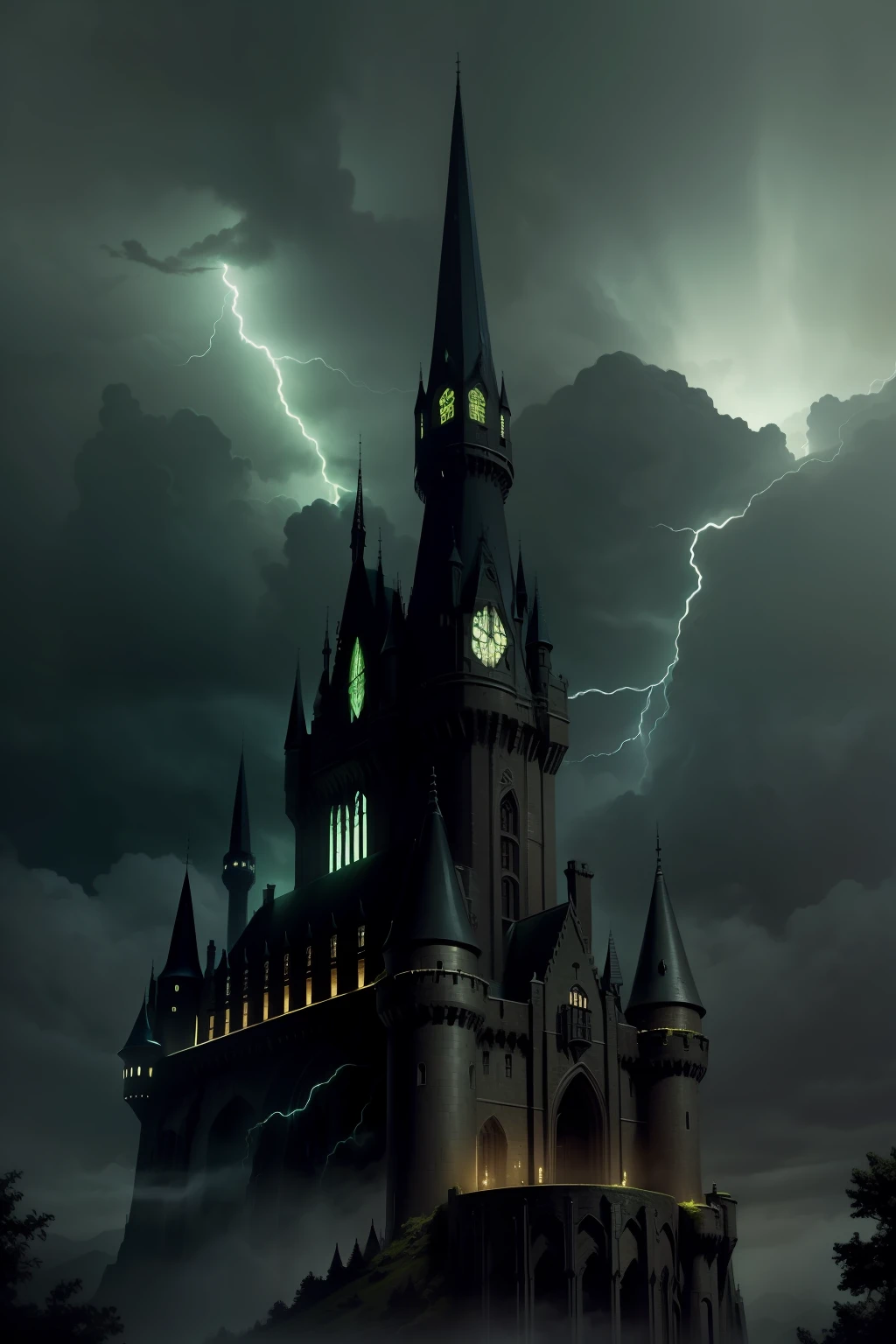 old gloomy Hogwarst Castle Lightning on black background green color top quality beautiful