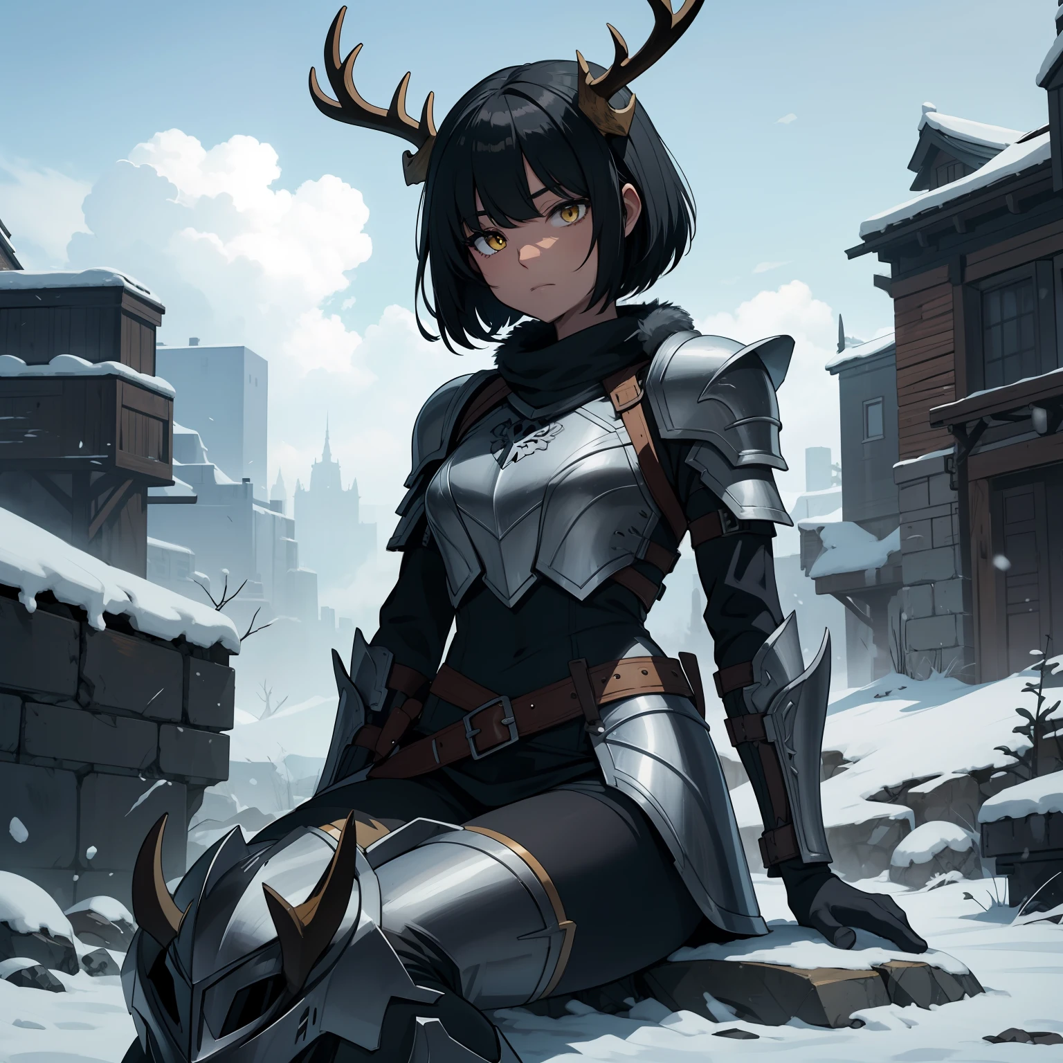 a 1girl, 独奏, Knight's armor, half-mask skull with deer antlers, Tired look, yellow eyes, bags under eyes, sitting on a stone, Broken armor, Short Hair Hair, Long bangs, Black hair, dark-skin, gloves, winter, grey sky, clouds, Falling snow, grey sky, Dim white sun, Knight's helmet on the ground.