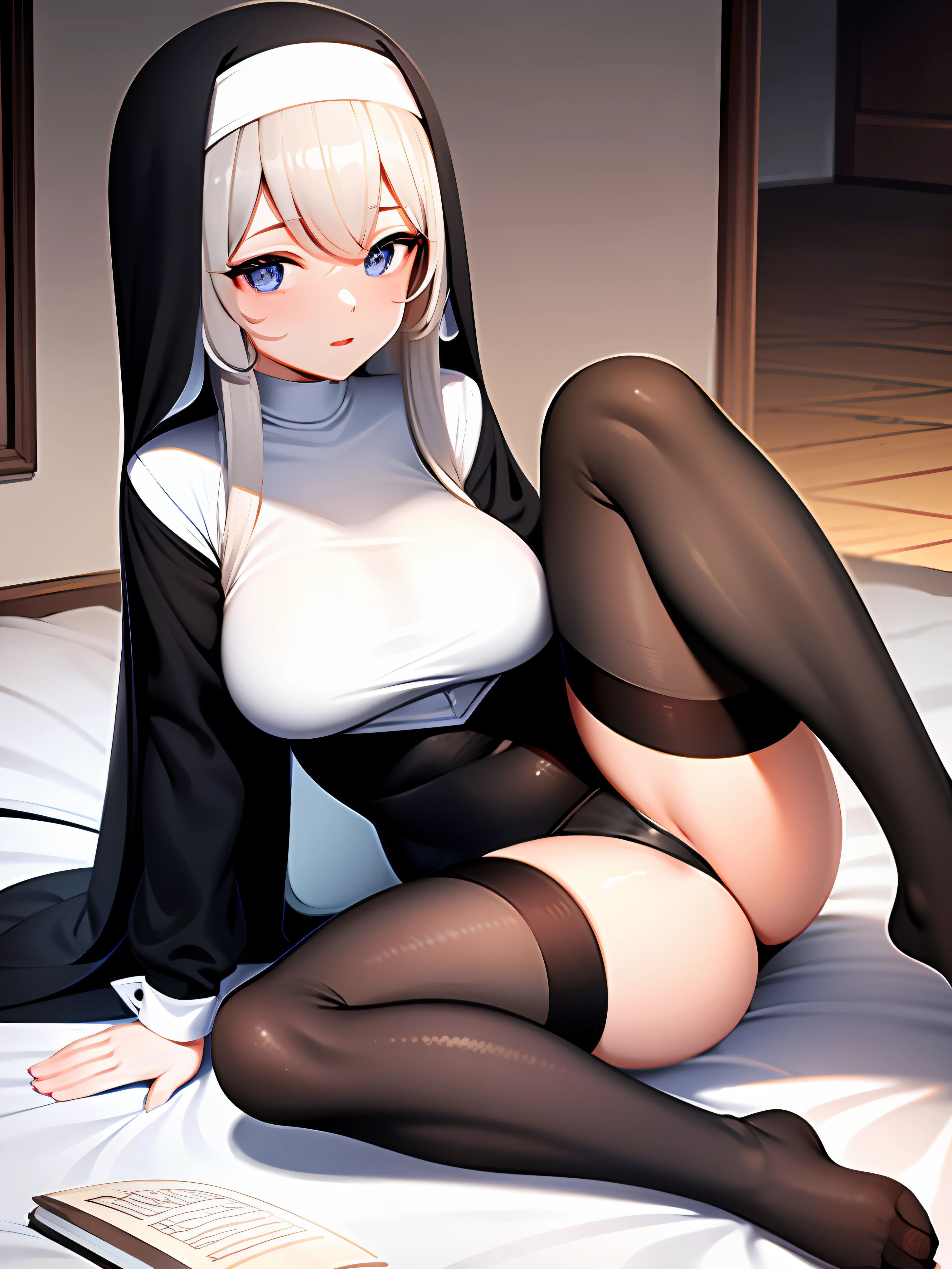 (tmasterpiece,best qualtiy,Hyper-detailing,Best shadow),Hyper-detailing,best illuminate,8K,From the front side,1girll,s girl,long whitr hair,(whaite hair),eBlue eyes,looking at viewert,chies,Hold the book(dark chamber:1.2),The beautiful,Cute face,sexy for,black lence stockings,lewd nun,wistful look,Lie down in bed