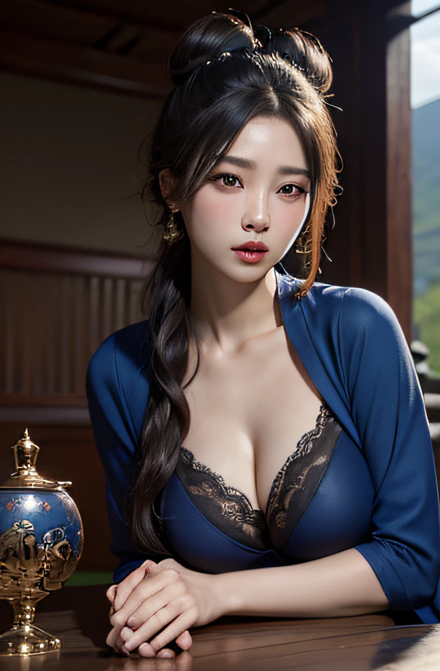Best quality,masterpiece,ultra high res,(photorealistic:1.4),xiuxian,weapon,Detailed face, 1girl,solo,weapon,cleavage,(magic circle:1.2),xiuxian,upper body,Beautiful girl,full body,huge breasts,east asian architecture,sheath,architecture,
