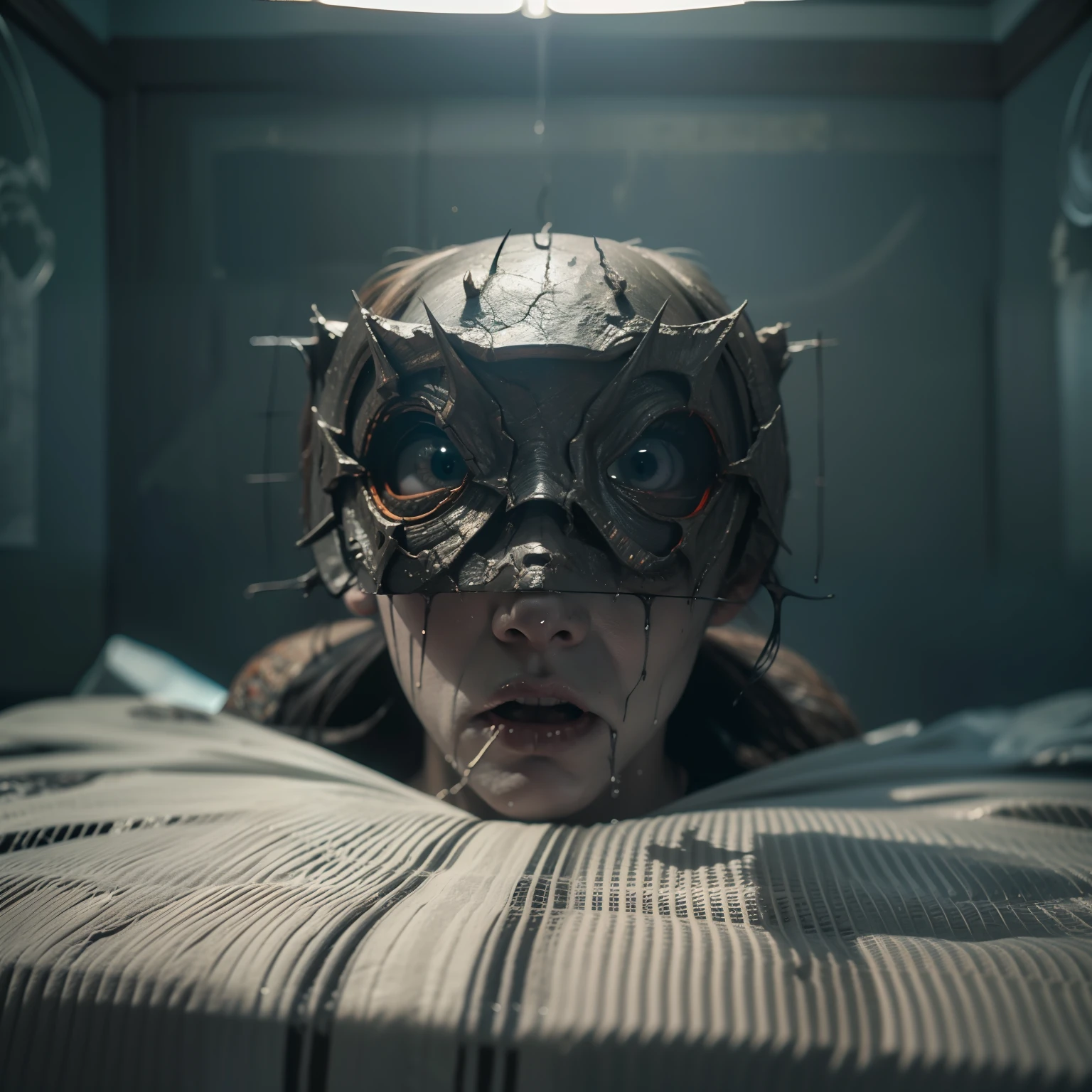 (creepy creature breaking the 4th wall),(Imax reald 3d polarised photo-realist horror movie),painting coming to life ((breaking the 4th wall)), Nicola-samori superrealist horror photo Imax,(Imax cinematic filter shadows and horrific lights),ray-tracing,8k reflections,octane 3d liquids render