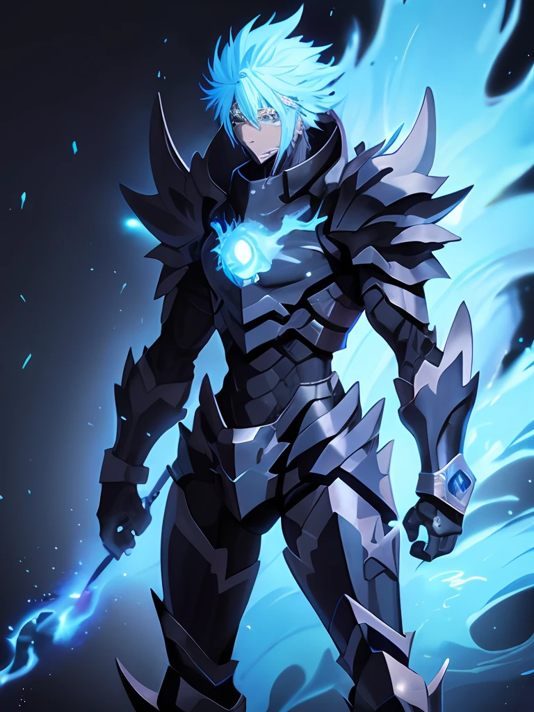 black skinned anime guy, blue hairs,medium hairs, full black monster armor with blue neon details, brown skin, anime style 2D,4k, fire powers, water powers