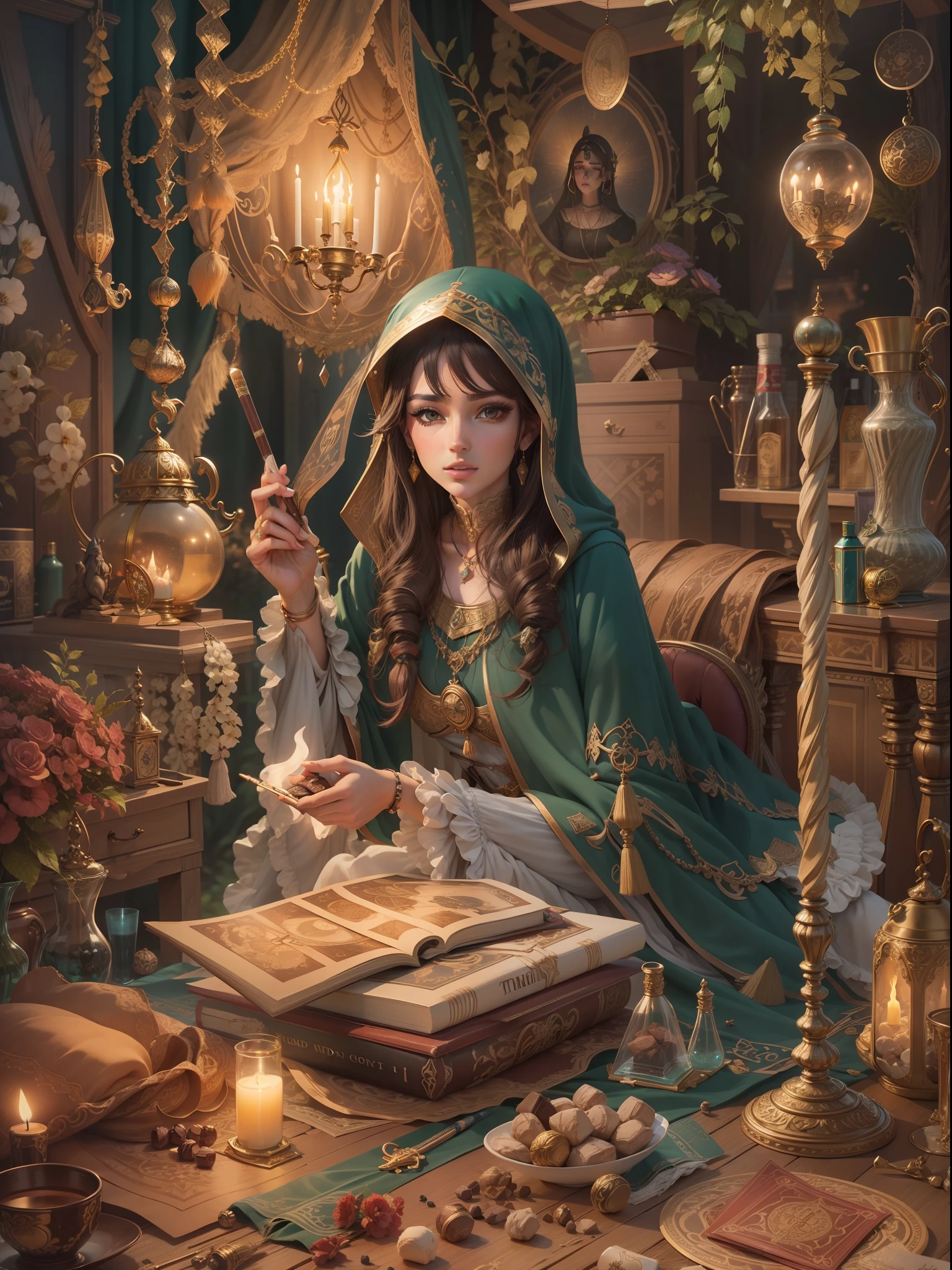 Linda e misteriosa Tenda Cigana De Tarot. Tenda Cigana com Acabamento Guipir Dourado com Mini Chocalhos, UHD, K