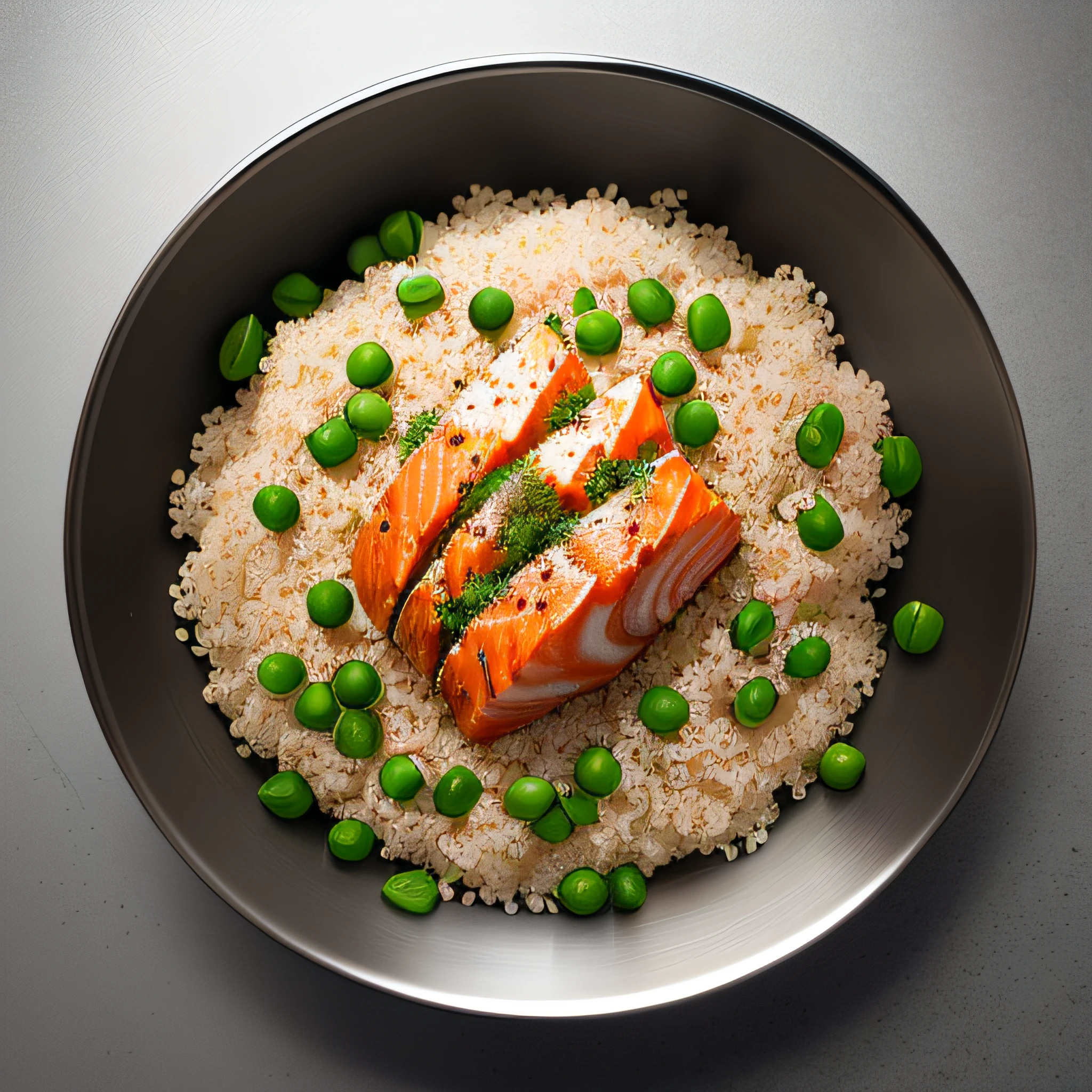 Ultra realistic style, stainless steel bowl with shredded salmon, quinoa, chopped spinach, peas, intricate details, dslr, 100 mm, pets, diffused light, Studio photography, professional advertising, 8k