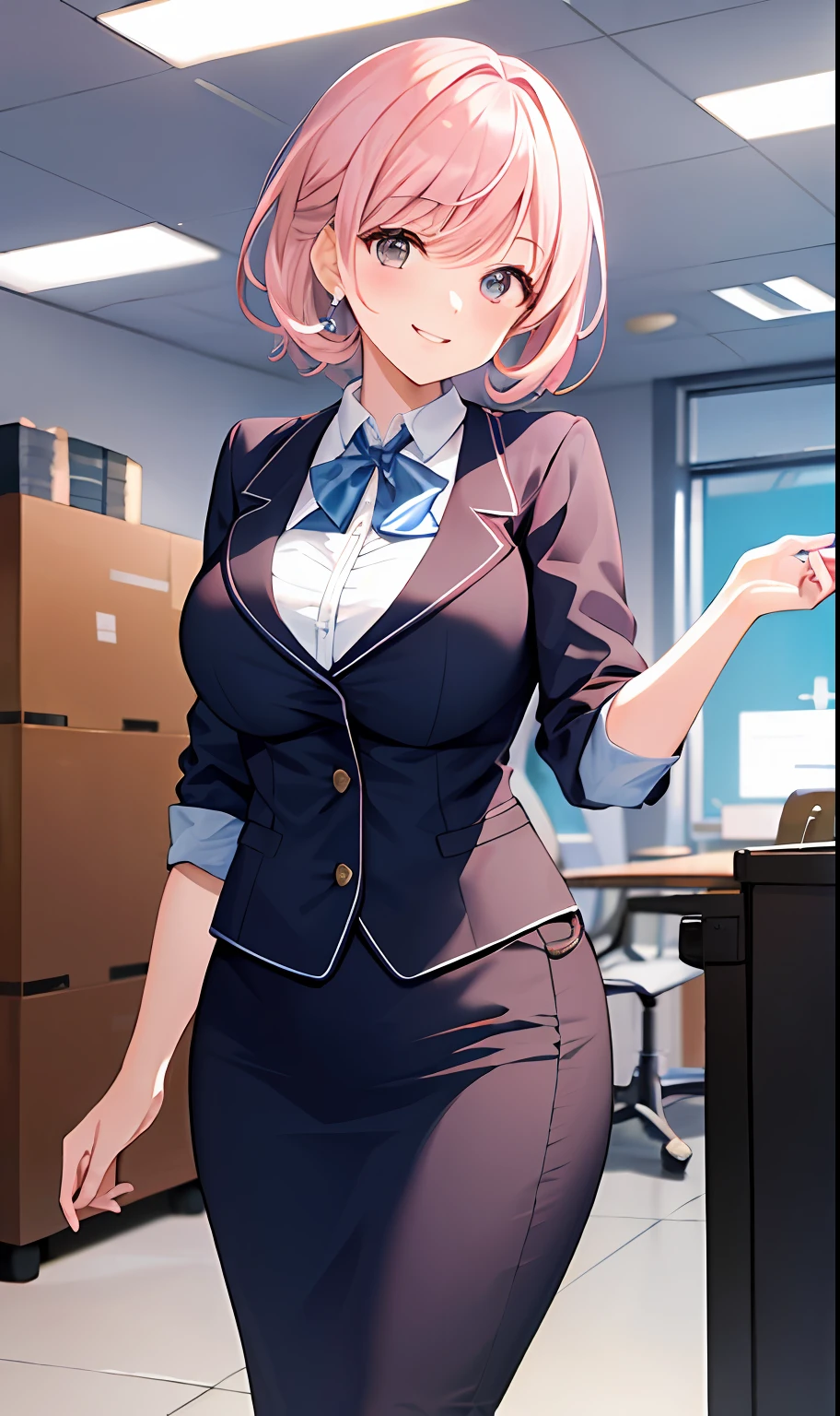 ((masterpiece, best)),(1girl),((mature woman)), light pink hair, dizzy, trumpet, ((office lady)), bangs, mid-chest, (full), slim, smiling, [wide hips] ,office,standing, aru \(blue archive\),
