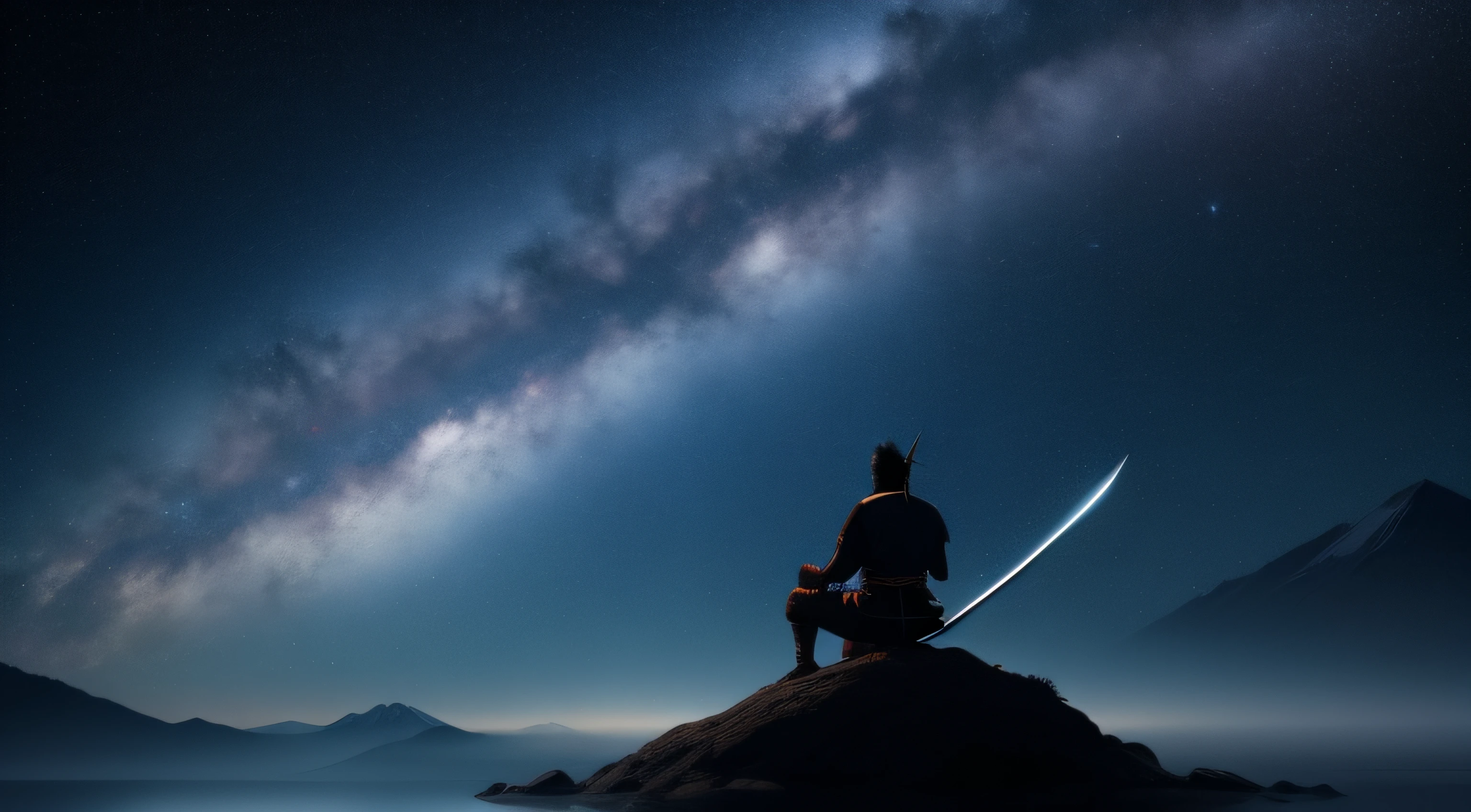 In this profound scene, Miyamoto Musashi, the legendary Japanese swordsman and philosopher, stands under a vast night sky, gazing at the cosmos in awe. The stars twinkle like distant lanterns, and the Milky Way stretches across the heavens like a river of light. Musashi's eyes reflect a sense of wonder and contemplation as he immerses himself in the majesty of the universe. In this moment of introspection, the renowned swordsman is humbled by the infinite expanse above, finding solace and connection with the cosmos. This evocative image captures the harmony between the warrior's earthly endeavors and his philosophical quest for understanding, inviting viewers to ponder the vastness of existence and the pursuit of inner enlightenment.