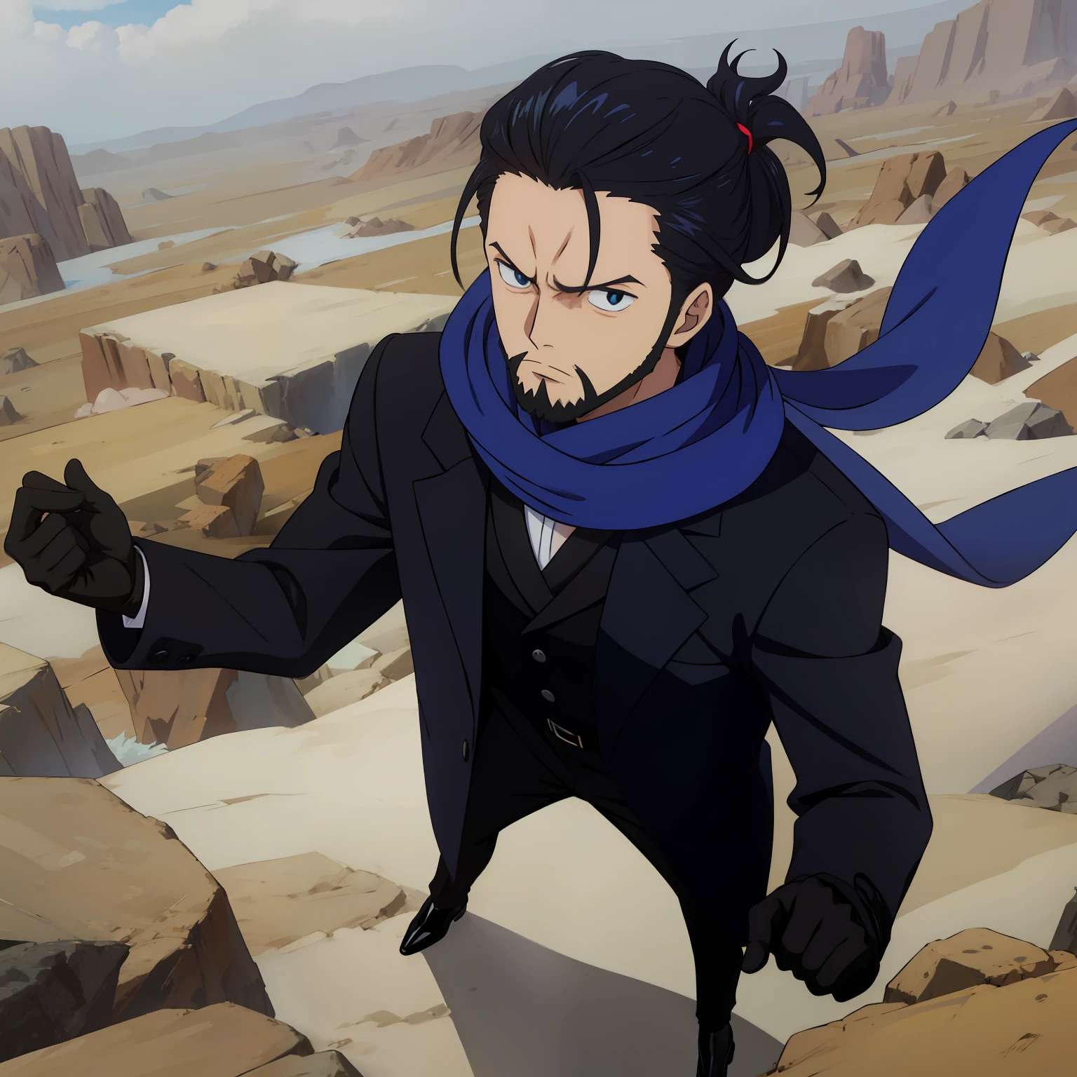 anime, man, neck dark blue scarf, black suit, black overcoat, short ponytail, tiny beard, black gloves