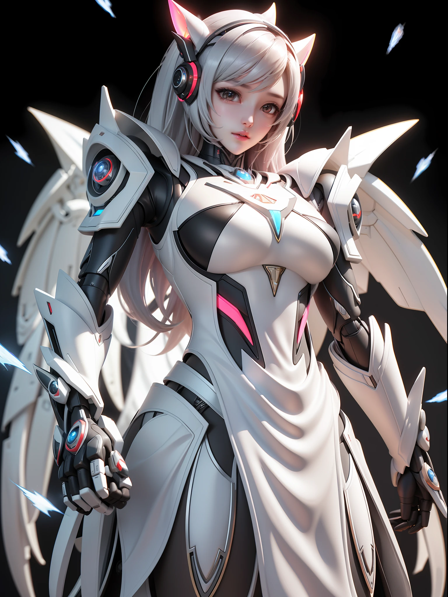 Female black and white mecha sculpture，The mech is rich in detail，Mechanical skin texture，Silver robot wing detail，Silver lightning ball，holding knives，Explosive effect，Looking Up The Sky