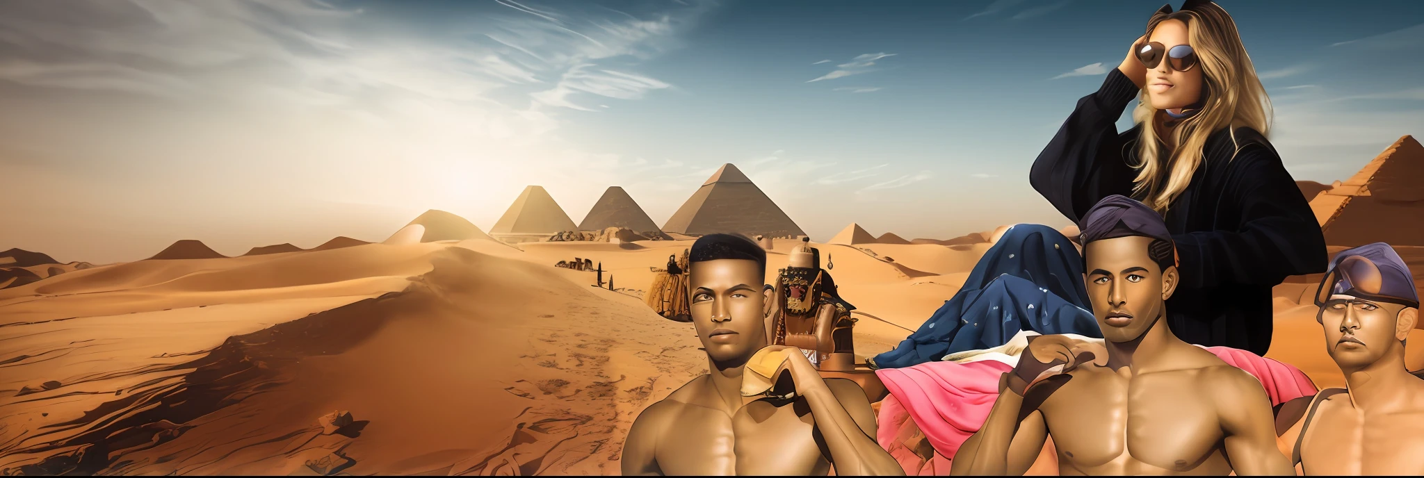 3d illustration of desert sand in the foreground with historic pyramids in the background. Magic sky with images of pharaohs gods