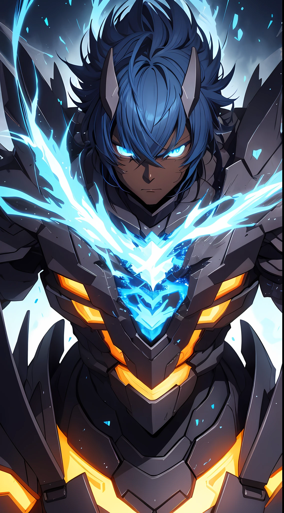 black skinned anime guy, blue hairs,strong ,medium hairs, full black monster armor with blue neon details, brown skin, anime style 2D,4k, fire powers, blue aura