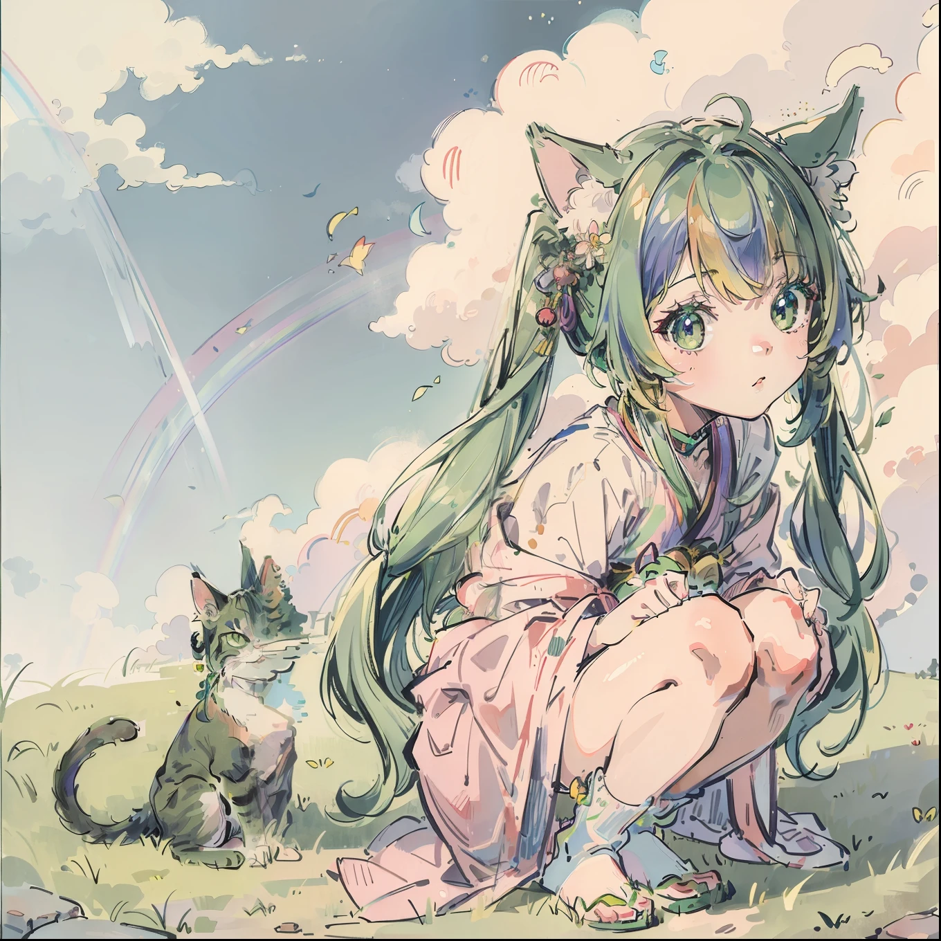 (Best quality1.2、masutepiece)、A stunning、Take a cute cat、kawaii、Green hair(rainbow-colored hair)、(Twin-tailed)