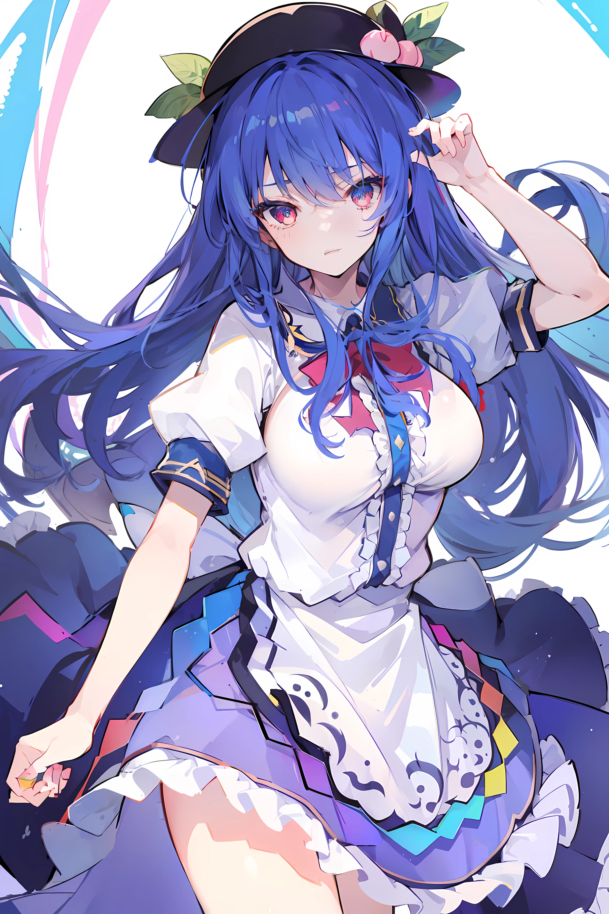 (masterpiece),best quality, expressive eyes, perfect face, 1girl,
big breast, H-cup, good breast, hands on waist,beautiful, gorgeous,anime,girl,lora,hinanawi tenshi, blue hair, blue haired,tent boobs, tent chest, tent breast, floating clothes,waist grab, grabbing waist