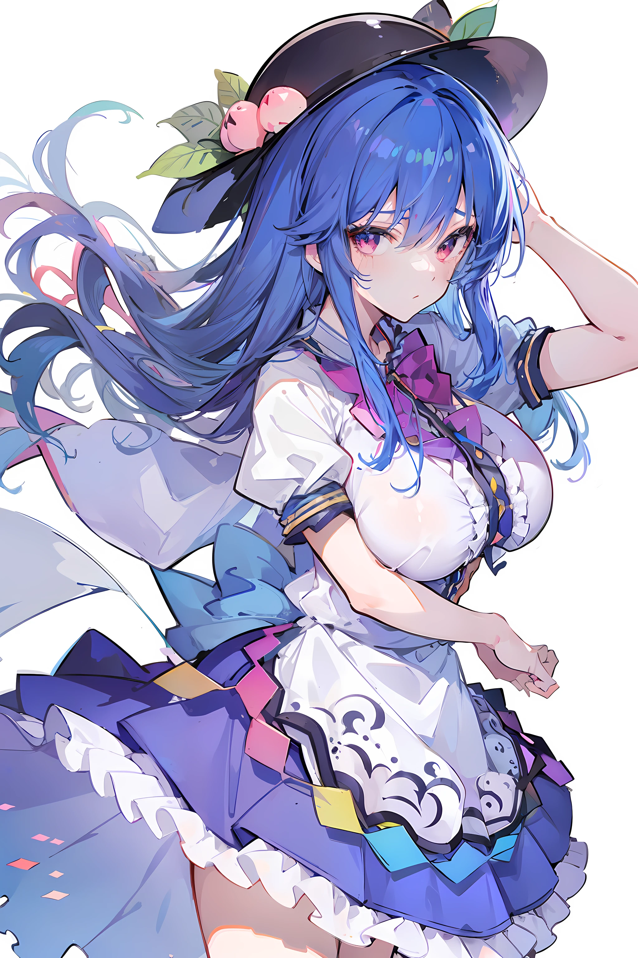 (masterpiece),best quality, expressive eyes, perfect face, 1girl,
big breast, H-cup, good breast, hands on waist,beautiful, gorgeous,anime,girl,lora,hinanawi tenshi, blue hair, blue haired,tent boobs, tent chest, tent breast, floating clothes,waist grab, grabbing waist