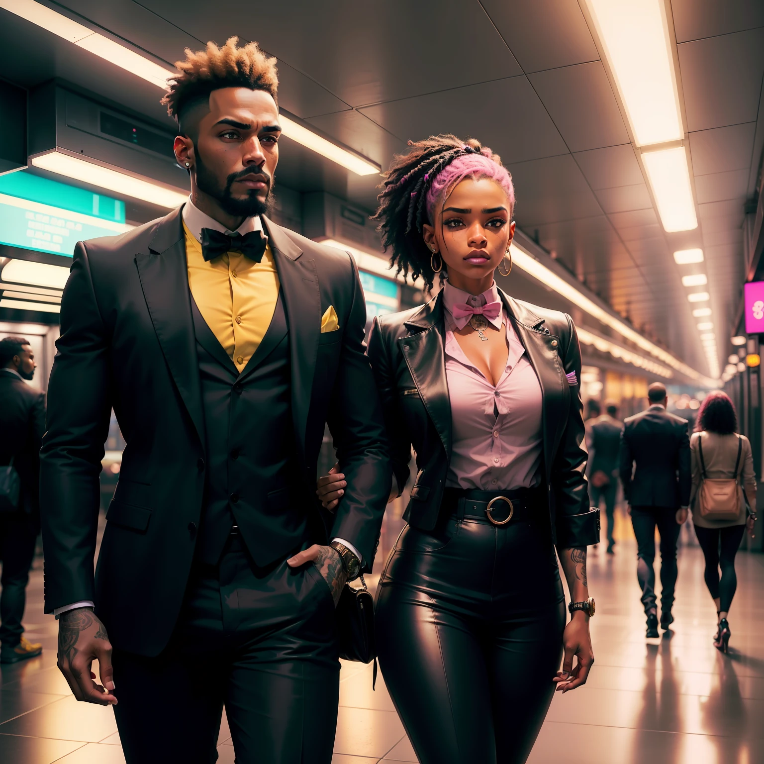 I'd like a cyberpunk style image in 4k average photo of three black characters ,homem e mulher ,portanto,africano, forte de pele negra ,barba grande ,barba, Estiloso ,com cabelo punk estilo anos 80 na cor amarelo e cinza escuro, muito eLegante , futurista e estiloso neon , com uma tatuagem super colorida e com neon ,Toattoo, facing a metro station on the platform , with station lights failing in a dimly lit environment, standing dressed in a dark yellow suit with a pink bow tie and baggy shirt.