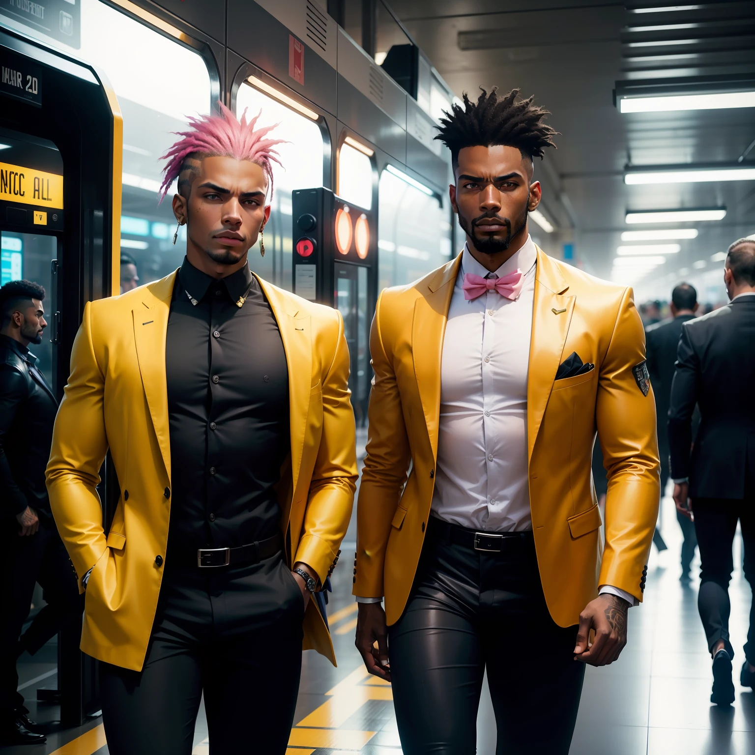 I'd like a cyberpunk style image in 4k average photo of two black characters ,homem e mulher ,portanto,africano, forte, musculoso,Bodybillder,muito forte de pele negra ,barba grande,barba, Estiloso Barbon,com cabelo punk estilo anos 80 na cor amarelo e cinza escuro,muito eLegante,, futurista e estiloso neon , com uma tatuagem super colorida e com neon ,Toattoo, facing a metro station on the platform , with station lights failing in a dimly lit environment, standing dressed in a dark yellow suit with a pink bow tie and baggy shirt.
