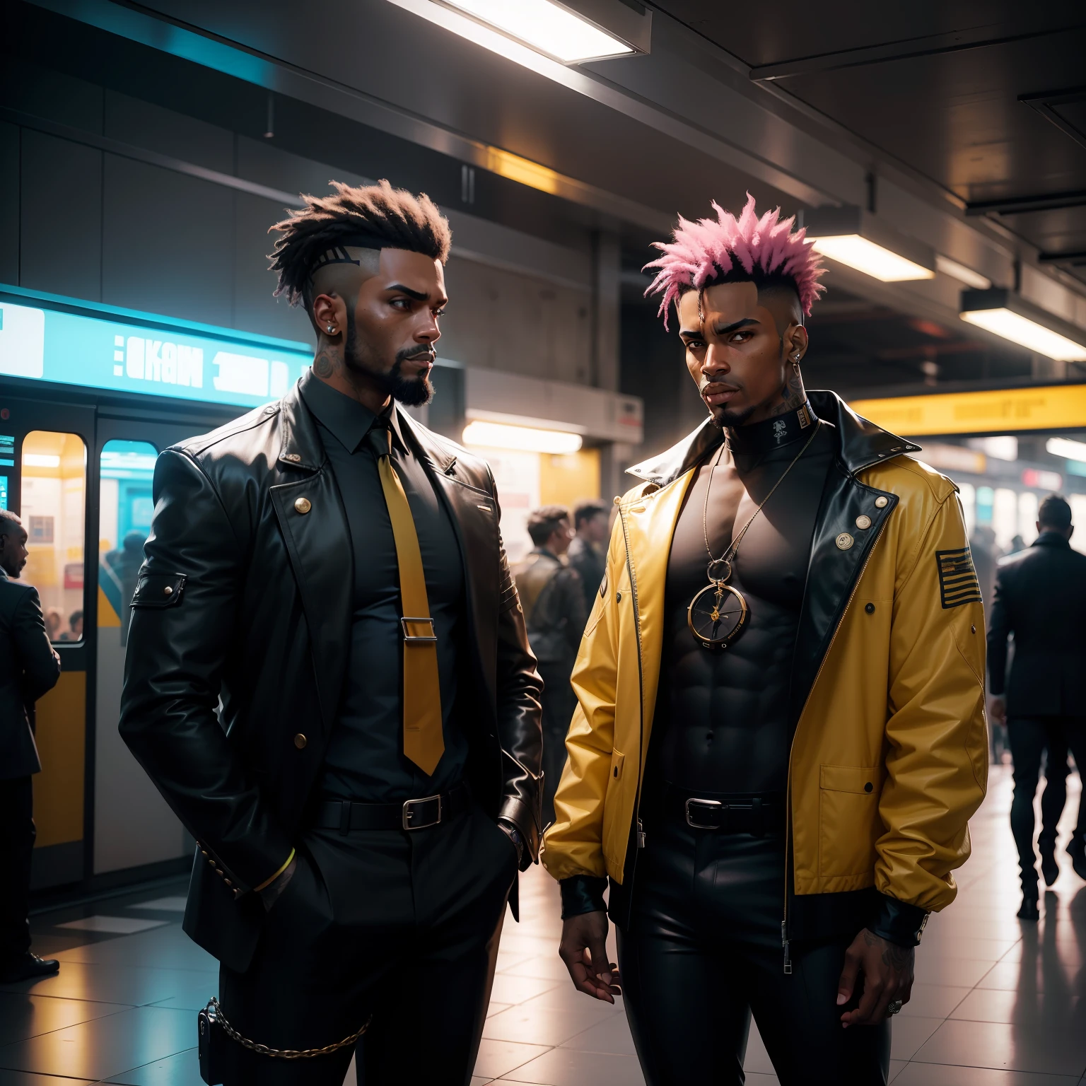 I'd like a cyberpunk style image in 4k average photo of two black characters ,homem e mulher ,portanto,africano, forte, musculoso,Bodybillder,muito forte de pele negra ,barba grande,barba, Estiloso Barbon,com cabelo punk estilo anos 80 na cor amarelo e cinza escuro,muito eLegante,, futurista e estiloso neon , com uma tatuagem super colorida e com neon ,Toattoo, facing a metro station on the platform , with station lights failing in a dimly lit environment, standing dressed in a dark yellow suit with a pink bow tie and baggy shirt.