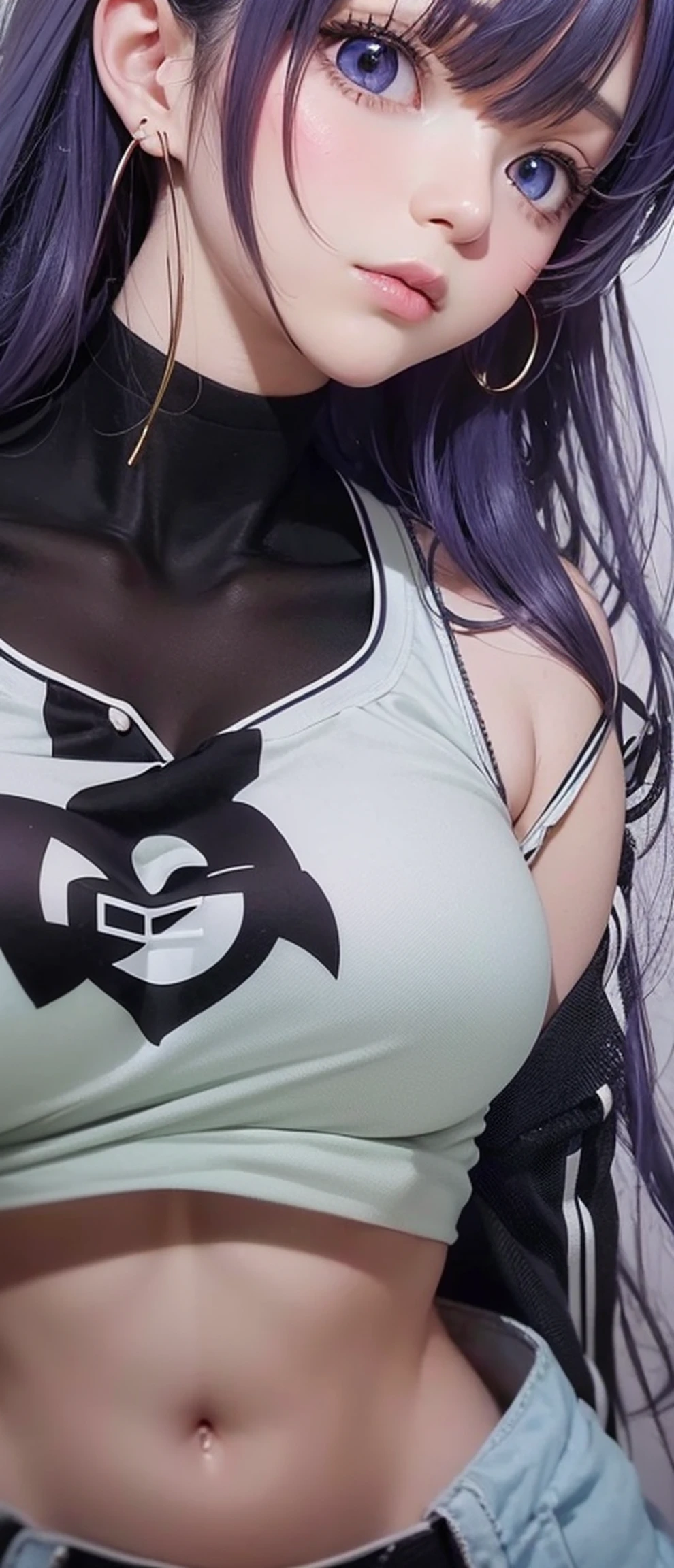 Close up portrait of a person in a hat and shirt, her navel is exposed, waist - shot, Physical : tinyest midriff ever, real life anime girl, tinyest midriff ever, leaked photo, style of macross, close up half body shot, Very accurate photos