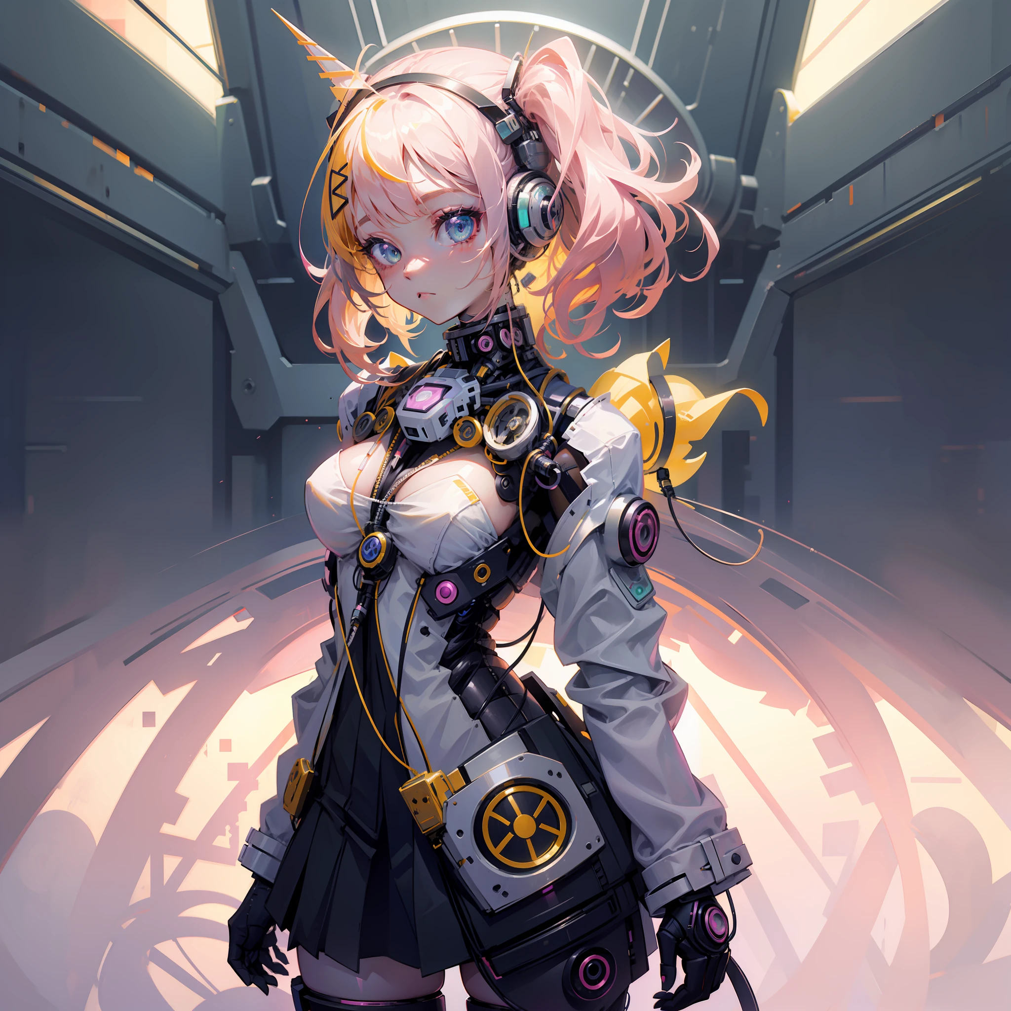 1girl, decora, dynamic angle, breath taking, from above, forced perspective, oversized jacket, neko ears, blonde and black hair, unicorn horn, cyber goth themed, kawaiitech, pastel colors, kawaii, cute colors, scifi, (reelmech:1.5), cyborg, robotic parts, cable electric wires, microchip, , kawaii, color palette: green, purple, pink, supersuit