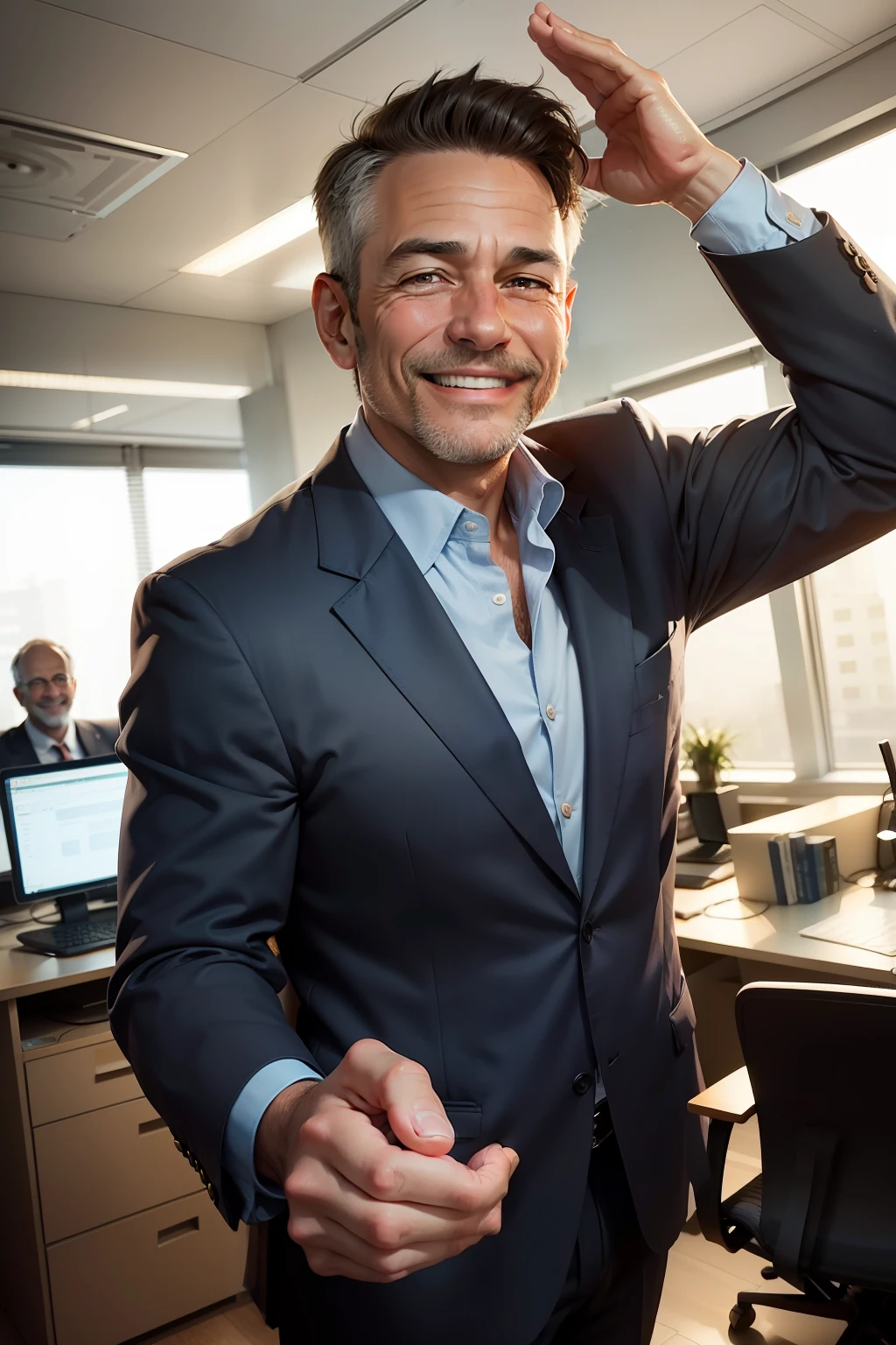 photo of a middle-aged man smiling and in the background the image of an office of a company