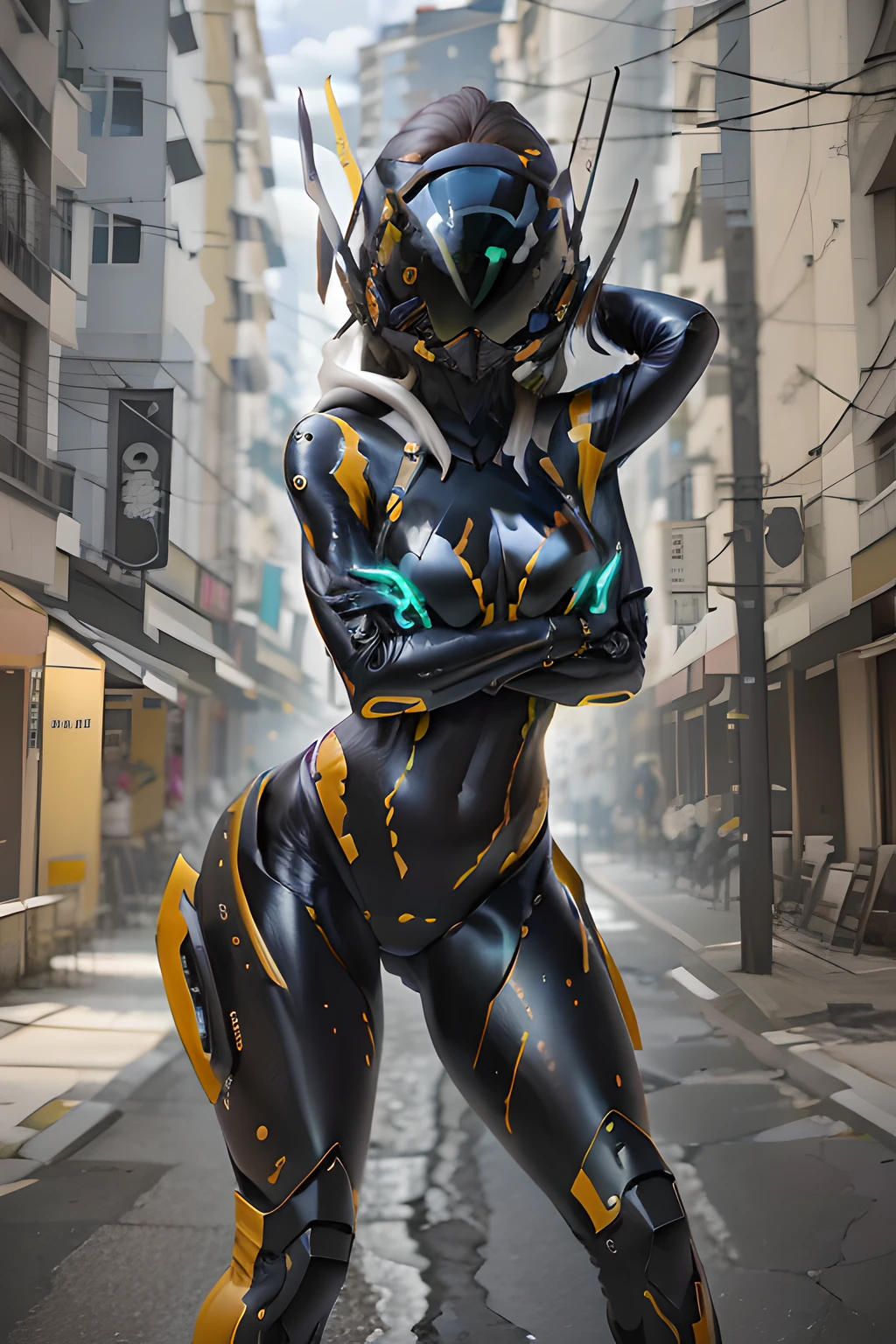 ((Qualidade Superior, 8K, Obra-Prima: 1.3)), sharp fokus: 1.2, solo, Raw foto, realista, obra-prima, melhor qualidade, alta resolução, ultra detalhado, artes oficiais, Unity 8K papel de parede, papel de parede oficial, atmosfera mal-humorada, chiaroscuro, celty, 1girl, 1female, capacete, bodysuit, bodysuit preto, pele apertada, roupas de motociclista, ((coxas grossas)), coxas grossas, orelhas de animais, bikesuit, couro, seios grandes,, luvas, (((descompactar))), innerboob, pose, uma pessoa em um cyberhelmet, cyberhelmet branco, terrific, close up, linhas de movimento, buttom up up down, cintura curvado para o lado sensual, hiper detalhado, luzes neon, cores neon, cyberpunk, reflexos, brilhante, Sparks, shy and seductive posture, Estilo Perfeito, (((Espalhe as pernas, sente-se com os joelhos dobrados)))), Corpo feminino atraente, bonito, bonito, mais famoso do mundo, waist constriction, pose com o quadril inclinada para o lado, Hands behind head with arm tilted up, Front view,