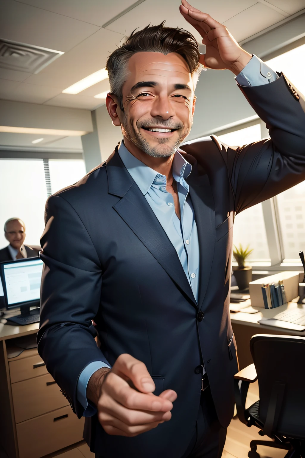 photo of a middle-aged man smiling and in the background the image of an office of a company