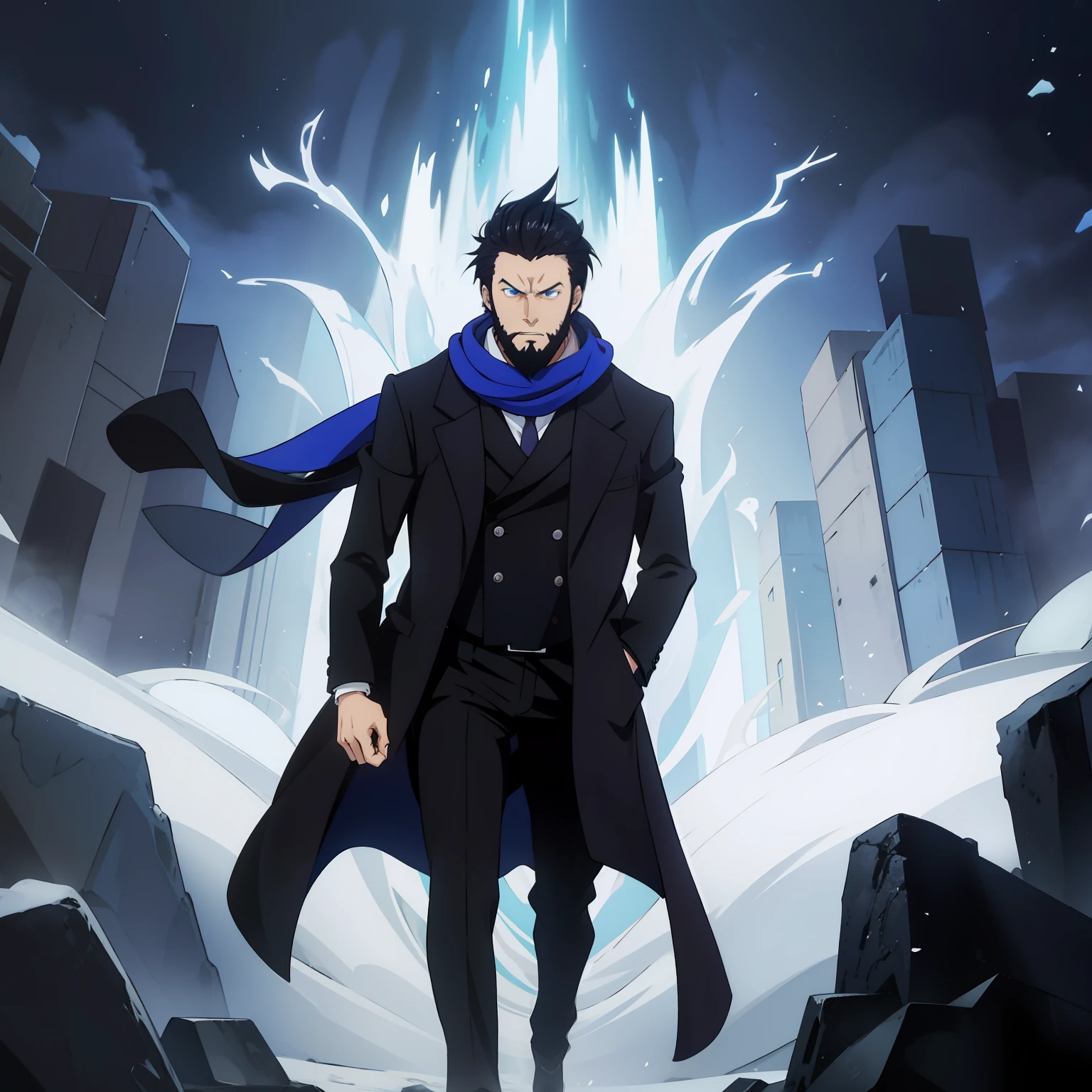 anime, man, neck dark blue scarf, black suit, black overcoat, short ponytail, tiny beard, black gloves