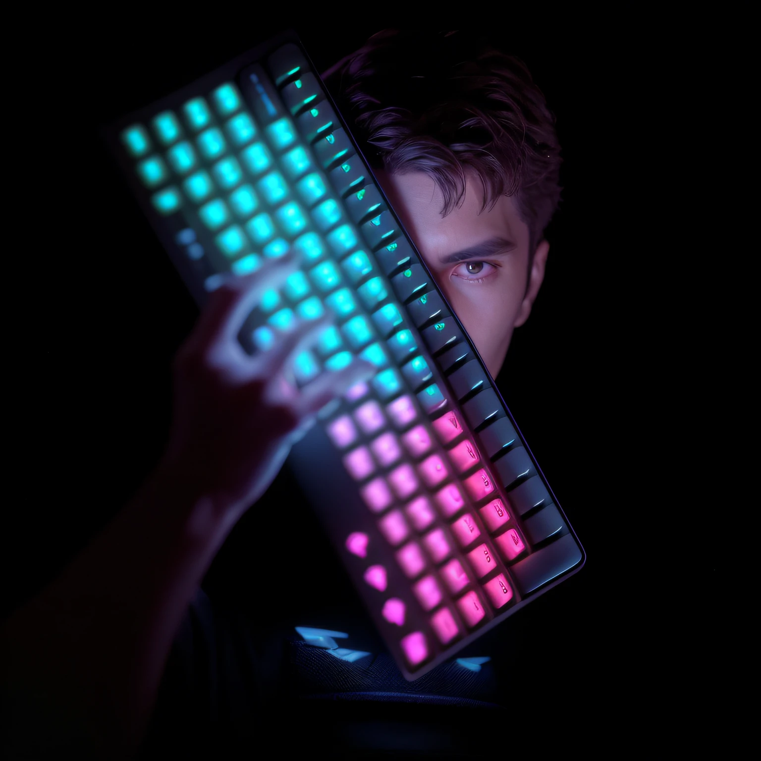 Homem Arafed segurando um teclado na frente de seu rosto, mechanical keyboard, 3 d render de jerma 9 8 5, Teclados, teclado, XQC, a partir de 8 k fosco, ciano branco, teclado gamers, sao 8 k, segurando uma pose de pudica, Frente cheia, Teclado RGB, 8 k fosco, 8k fosco, cyberpunk