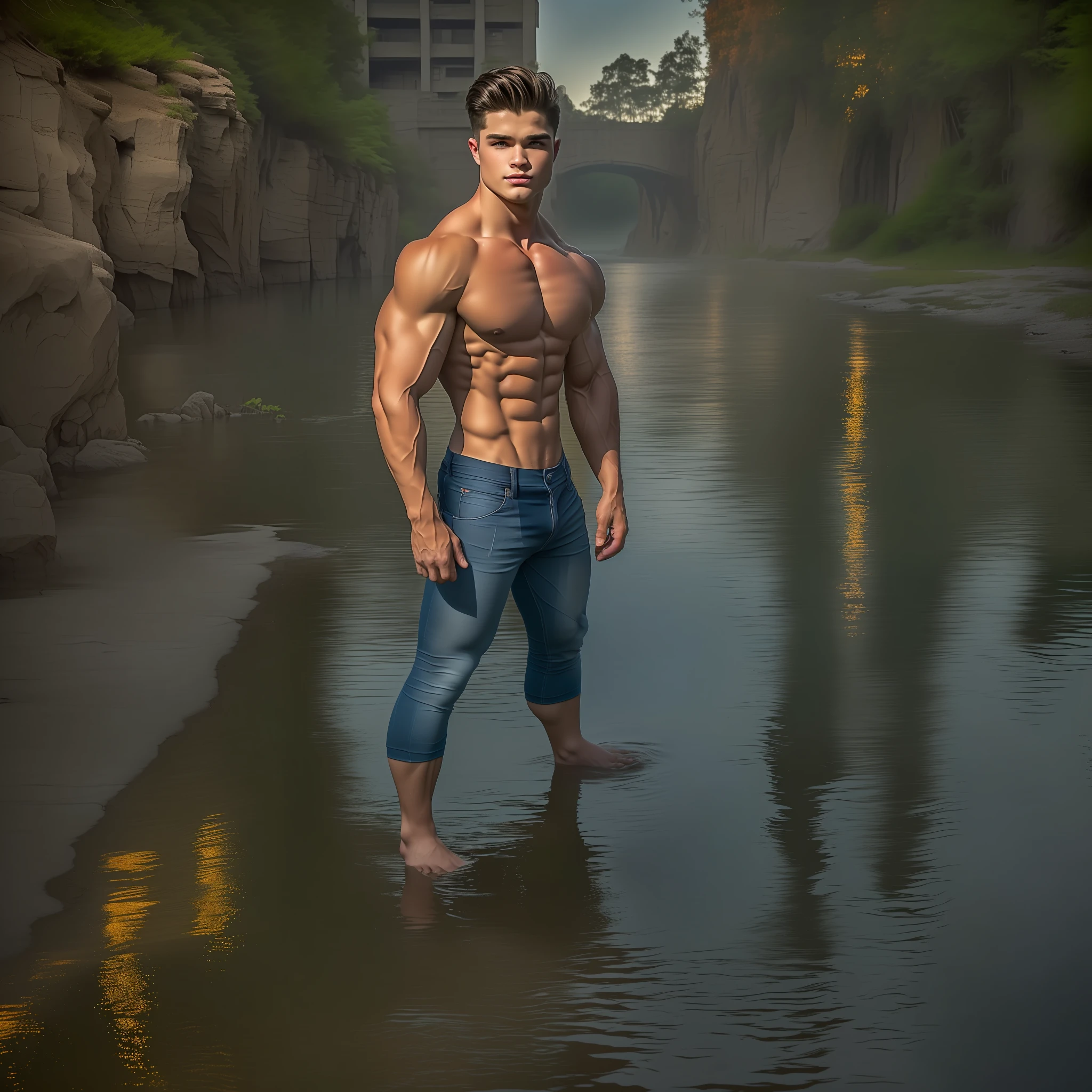 18 year old boy physique competitor, embodying the perfect fusion of Spencer Boldman and Cody Calafiore and Dominick Niccolai with long hair, arrogantly displaying his swoll pecs with a conceited smirk, Enhanced with HDR technology, this image depicts a true masterpiece, 8K resolution, in the style of furious fotog, outdoor lighting, light reflections, high detail