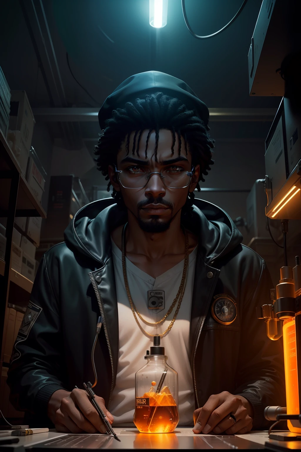 Crie uma imagem de um cientista negro, gangster, com um jaleco de cientista, in a ghetto lab with old buildings and test tubes; Emphasize the scientist in gangster clothes, wearing golden chains and sporting symbols of the underworld, enquanto manipula varios tubos de ensaio com destreza, with lots of science equipment amid an atmosphere of mystery and danger, illuminated by neon lights and dramatic shadows, Arte Digital, illustration detailed, --AR 16:9 --V 5.