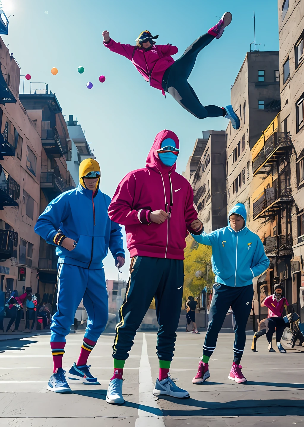 ((Fix "Skymask", corregir manos)),Three people in colorful costumes are standing on a city street, athletic fashion photography, balaclava, Nike, SkiMask, inspirador, Toma de retrato, Superhero, promo image, Peolple corre en la calle, De pies a cabeza, Foto publicitaria, Nerds, inspiration, hero pose colorful city lighting, Ciudad, Temporada de vacaciones, hero, Cmyk, Un hiper realista ,