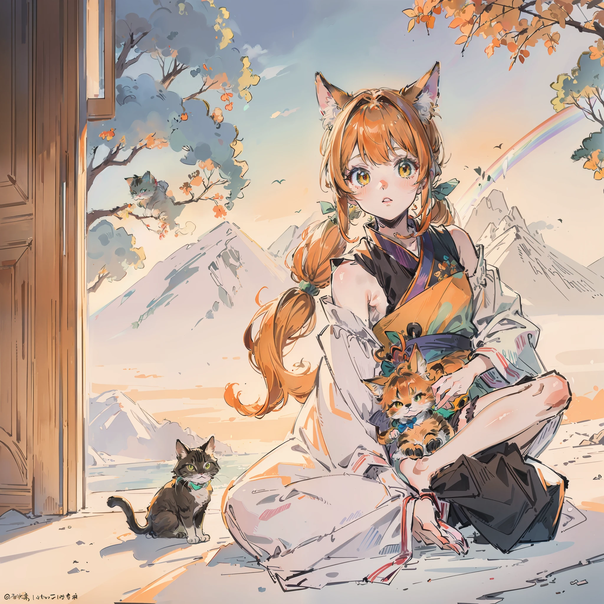(Best quality1.2、masutepiece)、A stunning、Take a cute cat、kawaii、Orange hair(rainbow-colored hair)、(Twin-tailed)