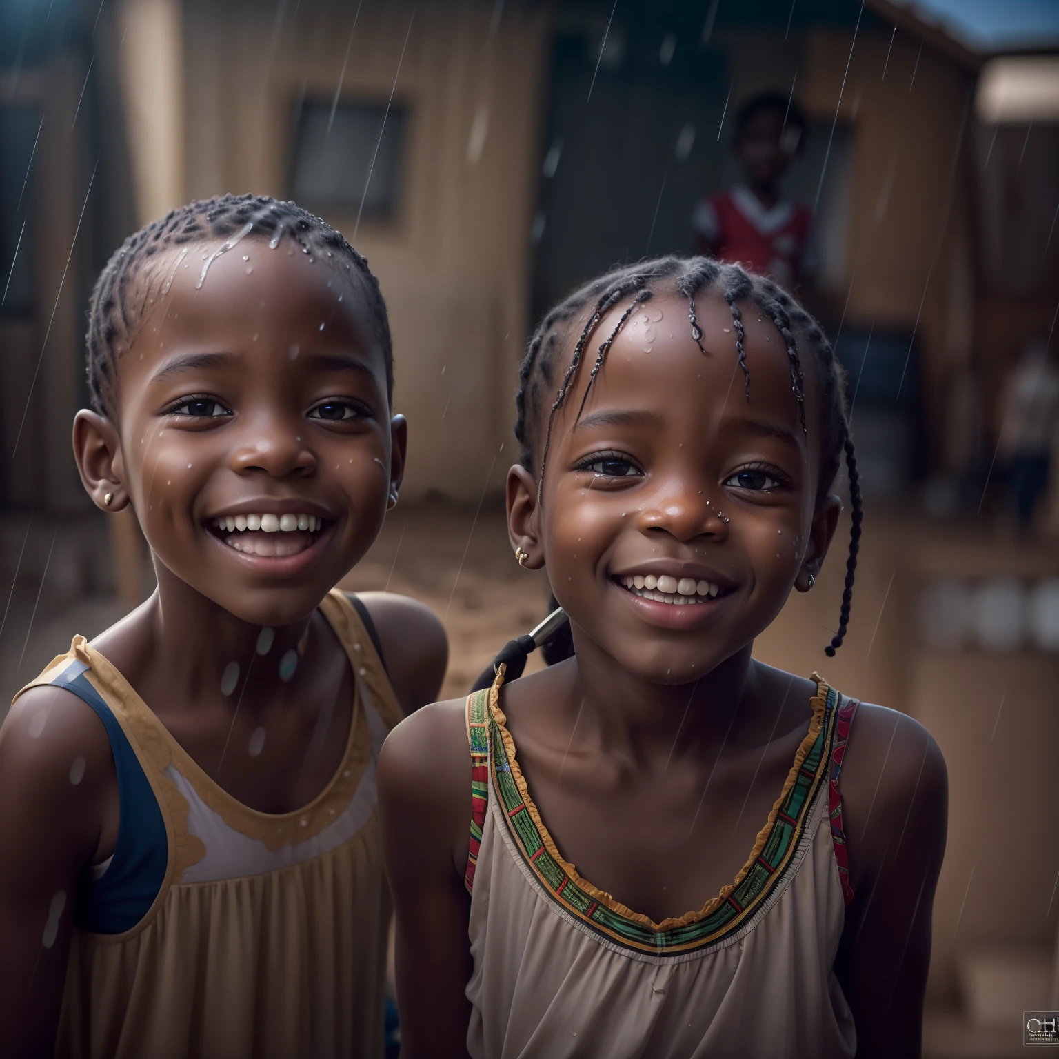 A realistic photo of African  (mixed) playing under rain, perfect face features, perfect eyes, perfect body, smiling, hopeful, volumetric lighting, sun rays, detailed shadows, indoor, hasselblad X2D 100c, hasselblad XCD 80mm f/1.9 lens, depth of field, bikes, film grain, sharp focus, photorealistic, masterpiece, intricate details, high contrast, 8k,  UHD, HDR, high-res, best lens, absurdres, award winning photography, best composition, rule of third, full body shoot.