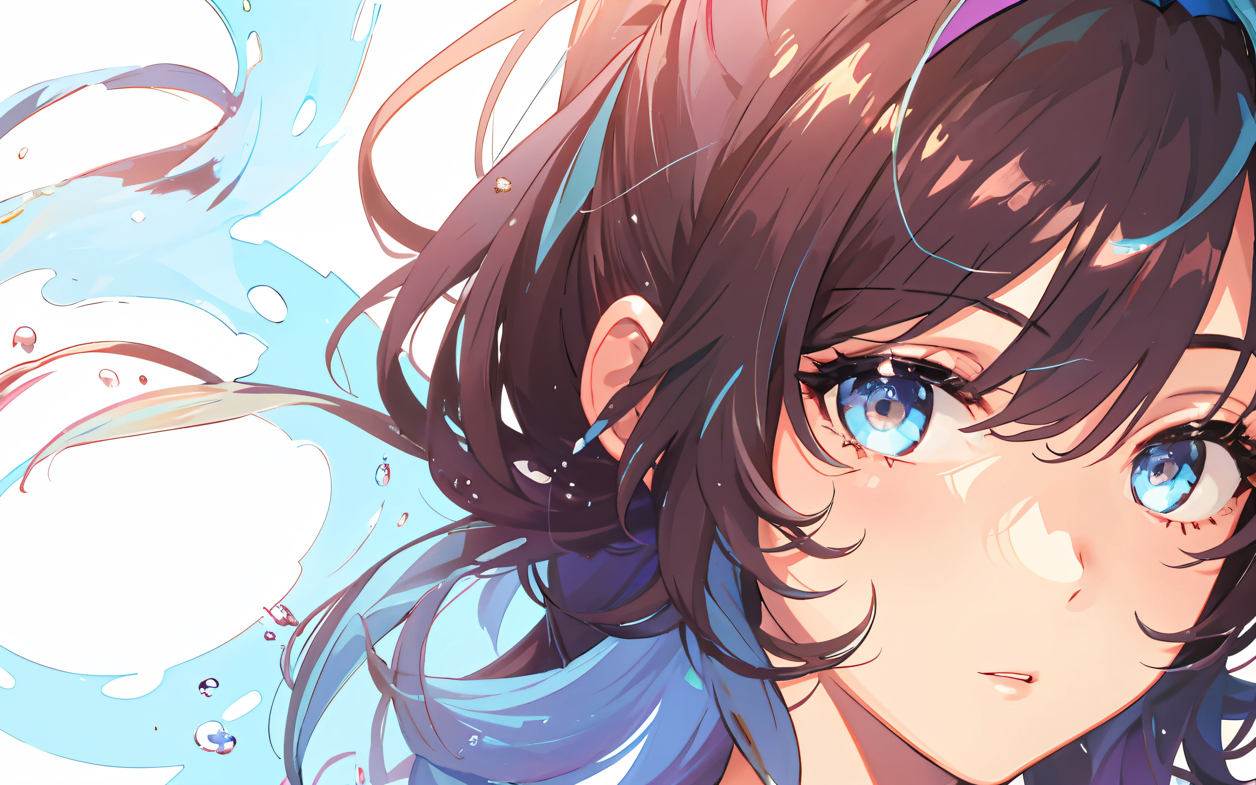 (masterpiece), (best quality), (ultra detailed),(disd hair),(illustration), (1girl), (Fashionable clothing), standing, Fashion model, looking at viewer, (interview), (simple background), Beautiful detailed eyes, delicate beauty, floating, (high saturation), (colorful splash), colorful bubbles, (shine), focus on the face, ponytail, light blue hair, bangs, headband, flowing flowers , flowing hair, (shine), best lighting, best shadows,