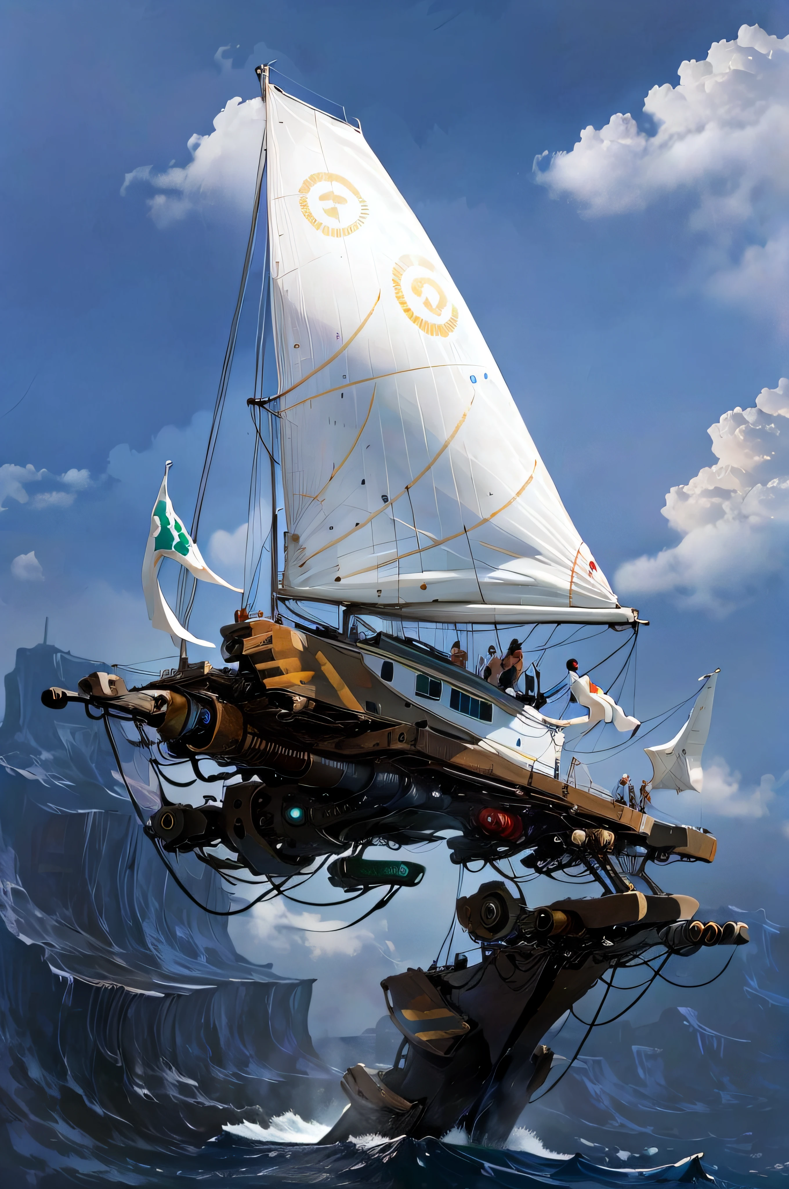 Beautiful white sailing boat jumping between multicolored clouds and below the raging emerald sea with huge threatening waves crashing against the cliffs of volcanic islands