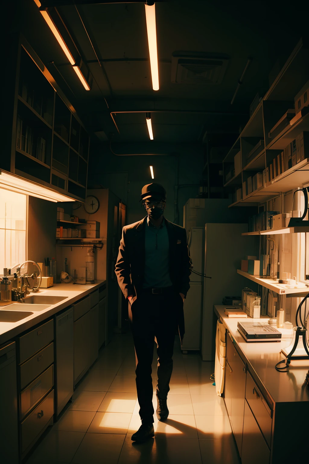 Crie uma imagem de um cientista negro, gangster, com um jaleco de cientista, in a ghetto lab with old buildings and test tubes; Emphasize the scientist in gangster clothes, wearing golden chains and sporting symbols of the underworld, enquanto manipula varios tubos de ensaio com destreza, with lots of science equipment amid an atmosphere of mystery and danger, illuminated by neon lights and dramatic shadows, Arte Digital, illustration detailed, --AR 16:9 --V 5.