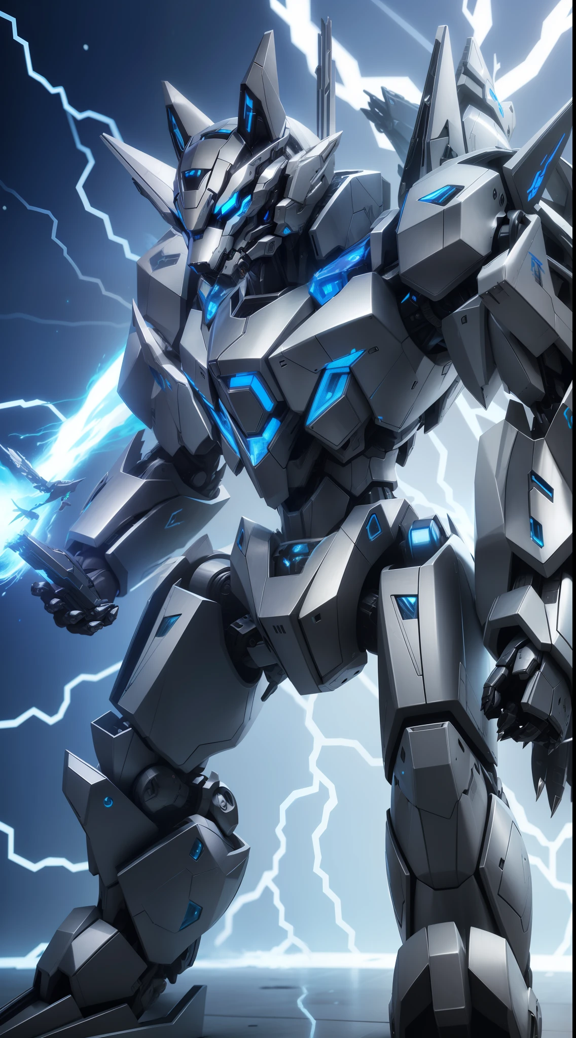 Silver-blue mecha wolf-shaped sculpture，Mechanical skin，Crawling attack stance，Silver mechanical articulated wing detailing，Explosive effect，Load weapon knives