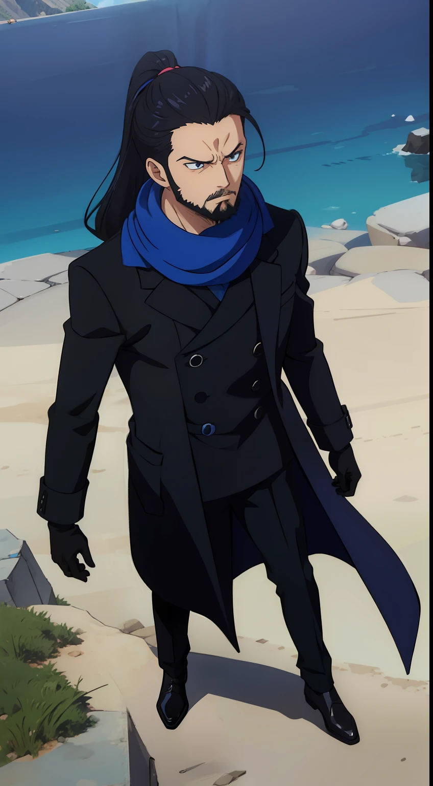 anime, man, neck dark blue scarf, black suit, black overcoat, short ponytail, tiny beard, black gloves