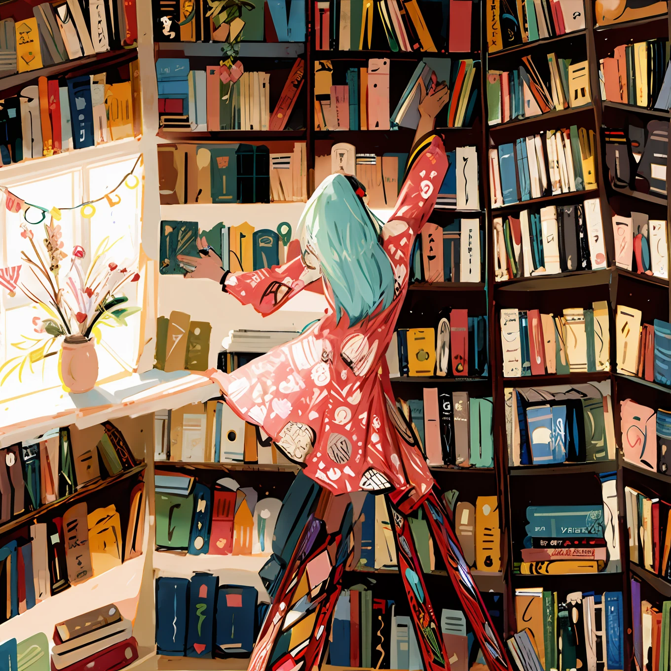 Illustration of a woman standing on a staircase in front of a bookshelf, livros por todo o lado, cheio de livros, livros coloridos, livros e flores, illustration for book, Biblioteca de Para Sempre, livros sem fim, em uma biblioteca, muitos livros, A Arte dos Livros, biblioteca extravagante, the librarian, livros da biblioteca, ilustrado em estilo caprichoso, estante