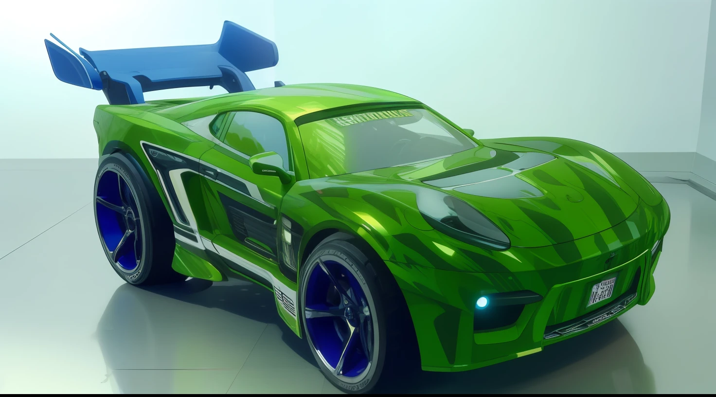 A close up of a toy car with a green body and blue wheels - SeaArt AI