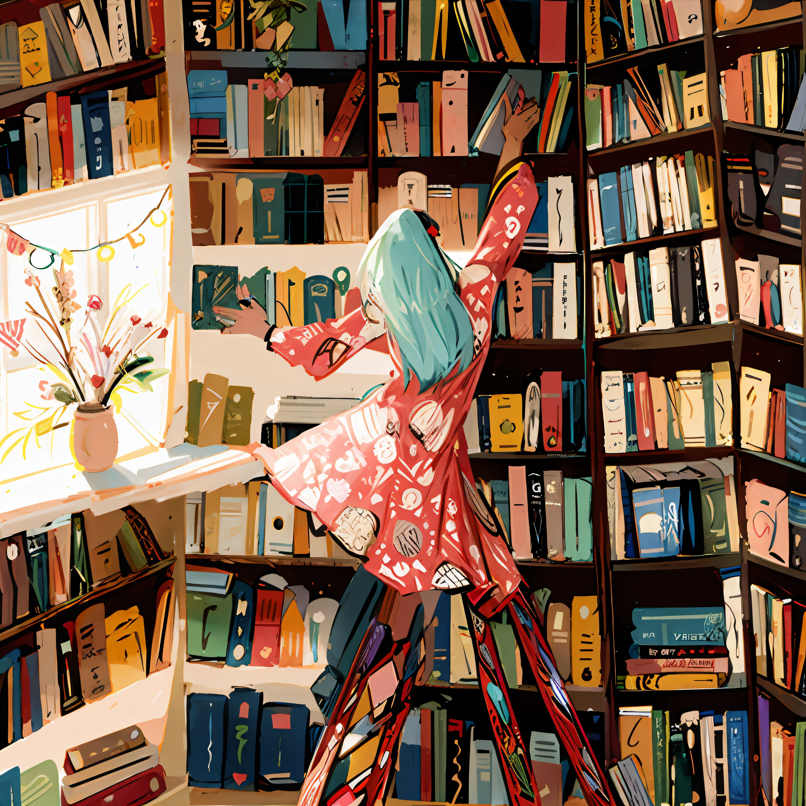 Illustration of a woman standing on a staircase in front of a bookshelf, livros por todo o lado, cheio de livros, livros coloridos, livros e flores, illustration for book, Biblioteca de Para Sempre, livros sem fim, em uma biblioteca, muitos livros, A Arte dos Livros, biblioteca extravagante, the librarian, livros da biblioteca, ilustrado em estilo caprichoso, estante
