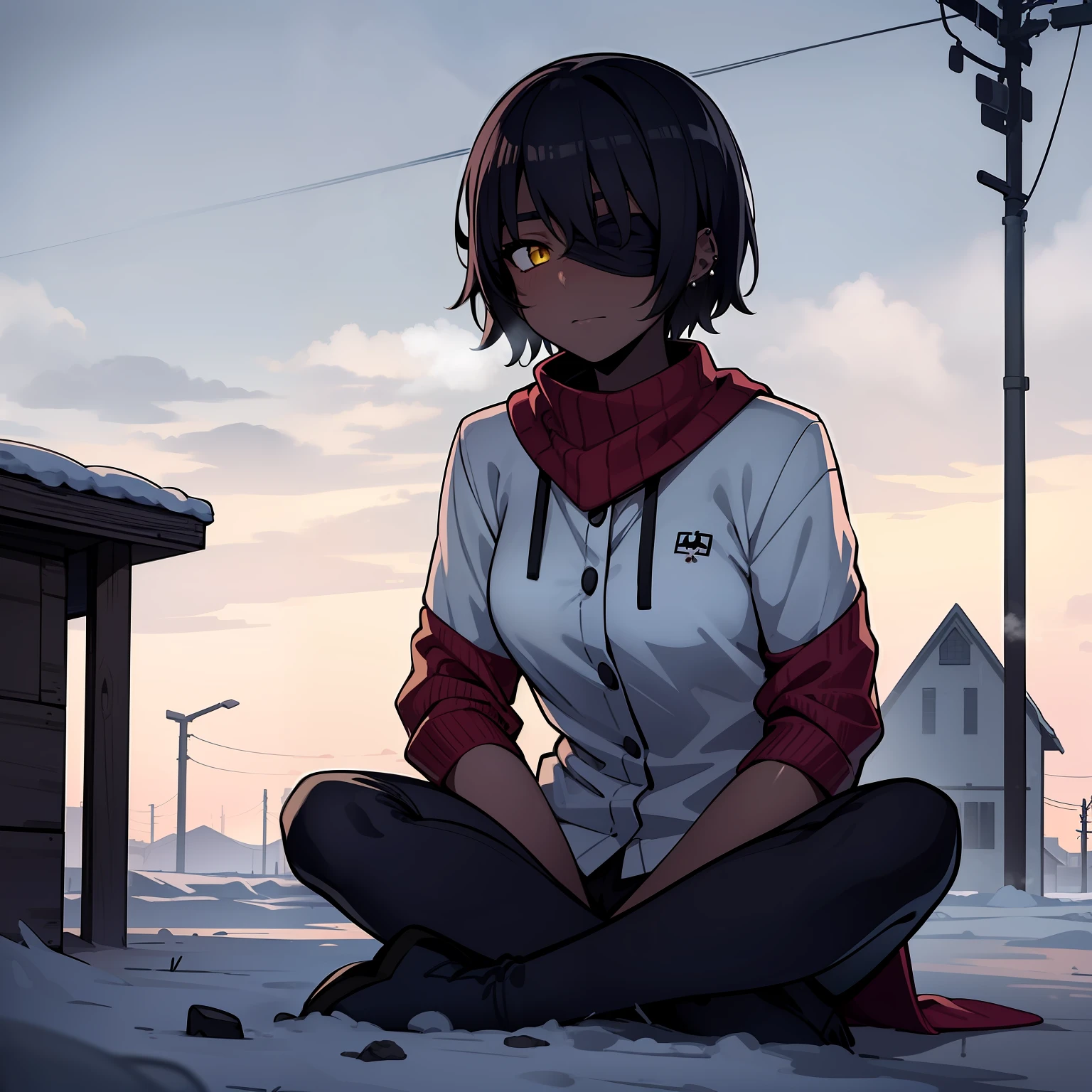1.A girl, 独奏, dirty clothes, Short Hair Hair, Black Wolves, Long bangs, Yellow eyes, Blindfold on the right eye, village, Evening, grey sky, Grey Sun, snowing, winter, Falling snow, ice, Clouds in the sky, steam from the mouth, Sitting on the ground, body piercings, goth, dark-skin.