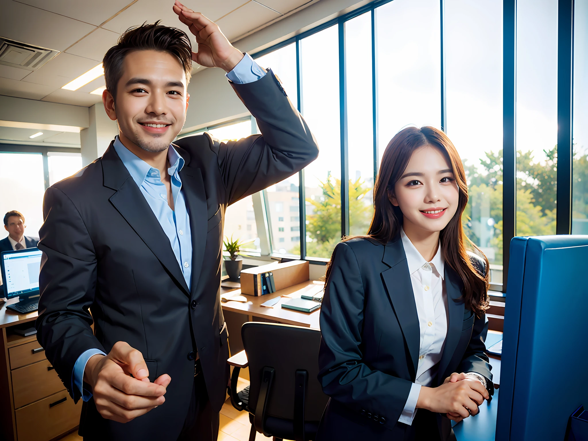 Man with a slight smile in a suit and tie standing in an office with his hands on his head, wearing business suit, sun behind him, Pose triunfante, Wearing Business Suit, Retrato Corporativo, wearing a business suit, Motivacional, chefe corporativo, Postagem no Reddit, indistinct man with his hand up, foto profissional bem iluminada, em seu terno, looking smug, Retrato Corporativo, office with large glass windows, foto realista 4k