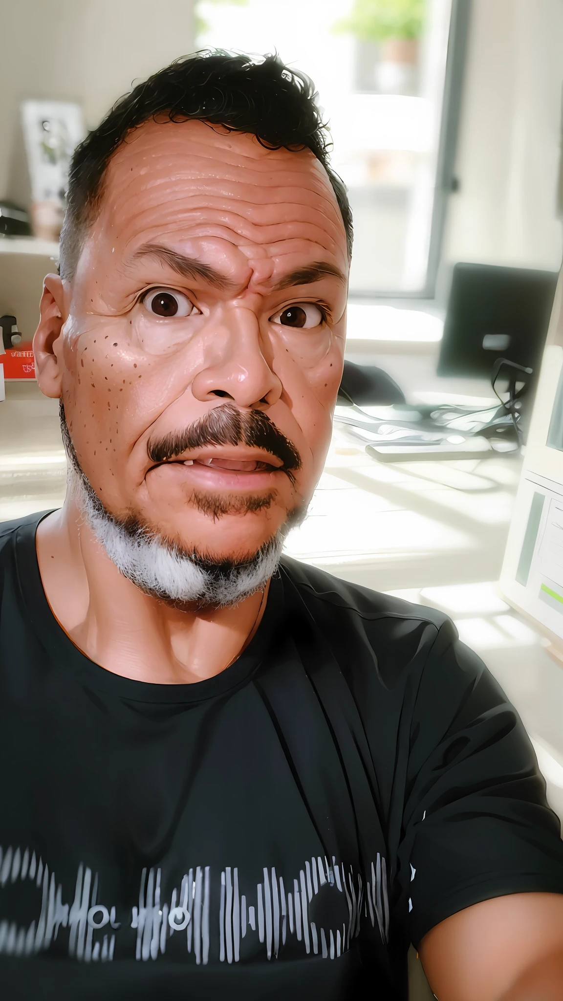 Homem de camisa branca com um olhar surpreso no rosto, angry looking at camera, olhar horrorizado em seus olhos, Fotografia selfie 8k, irritado 8 k, cara assustada, Streamer do Twitch / Jogador Ludwig, imagem de qualidade muito baixa, rosto suado, blurry face, cara de bobo, olhar irritado em seu rosto, cara assustadora, imagem do rosto