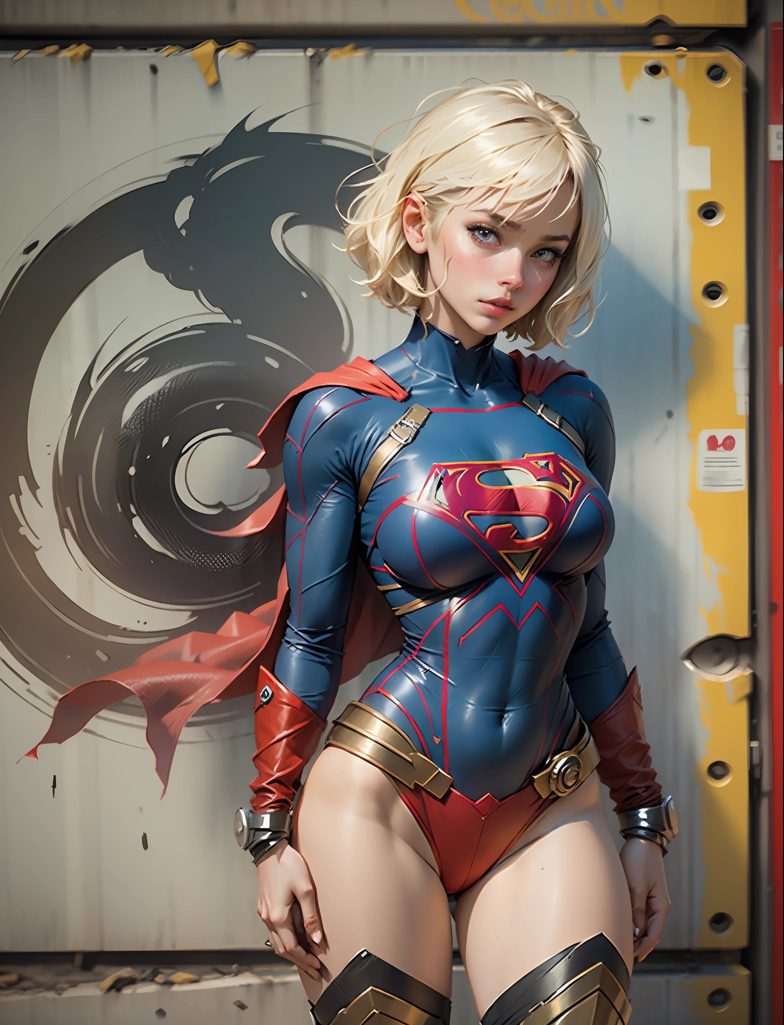 (female character, attractive character, short hair, defined body, large breasts), Supergirl cosplay.