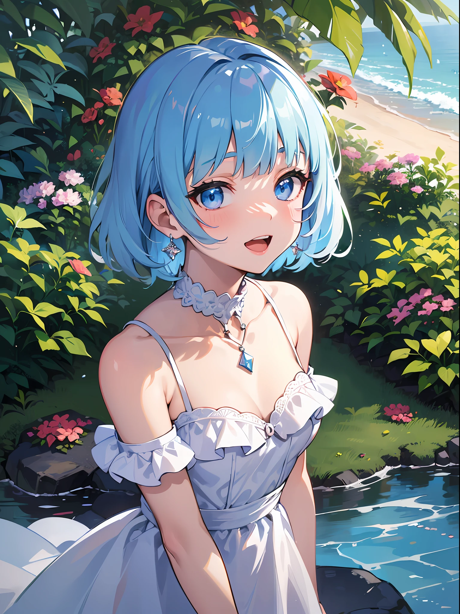 (masterpiece:1.3), (best quality:1.3), high resolution,
overlook view, couboy shot,
leaning forward, (holding:1.1), body facing forward,
(one cute girl:1.3), solo,
white skin, small Breast, eight-headed person,
light blue hair, (bobbed hair:1.2), (short hair:1.1), (blunt bangs:1.2), beautiful hair, blue eyes, beautiful detailed eyes,
blush, open mouth, cheerful smile,
short dress, (bouquet:1.1), frill, white and blue clothes, earrings,
ocean, flower garden, natural park,
shadowlighting,