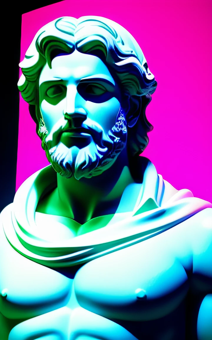 a closeup of a Roman Greek statue, neon romano, obra-prima estilo vaporwave, baroque vaporwave statue, arte digital neon, retrato antigo do monstro do neon, vaporwave lighting style, Arte Vaporwave, estilo de arte synthwave, arte synthwave, estilo vaporwave, neon estilizado, estilo de arte neon