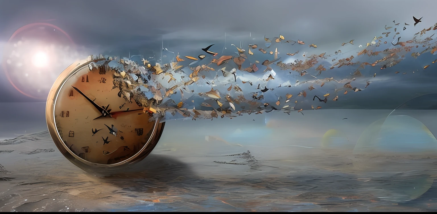 hourglass with birds flying in the sky, arte digital, arte digital, intricate and epic composition, Arte digital surrealista, arte surreal, Arte digital alucinante, incredible composition, arte digital surreal, Artistic illustration, breathtaking digital art, inspirado em Igor Morski, artistic!!! compositing, Surrealismo!!!!, explosion of data fragments, arte digital elaborada, particle disintegration