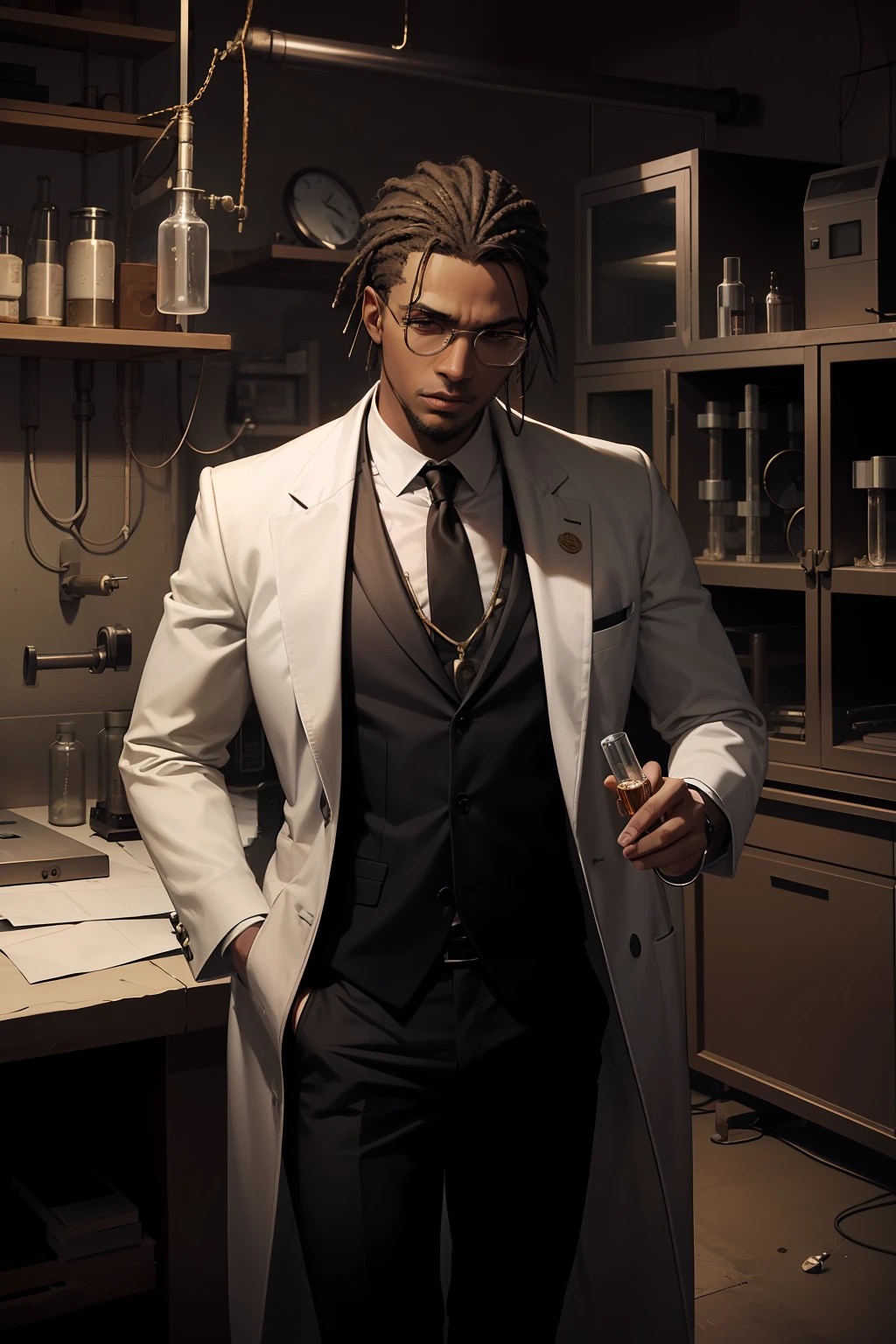 Criar uma imagem de um cientista negro, A gangster, vestindo jaleco de cientista, in a ghetto lab with old buildings and test tubes; Emphasize the scientist in gangster costumes, sporting gold chains and sporting symbols of the underworld, Skillful handling of multiple test tubes, surrounded by numerous scientific apparatuses, within an atmosphere of mystery and danger, in black and white with dramatic shadows, arte digital, Detailed illustration, --AR 16:9 --V 5.