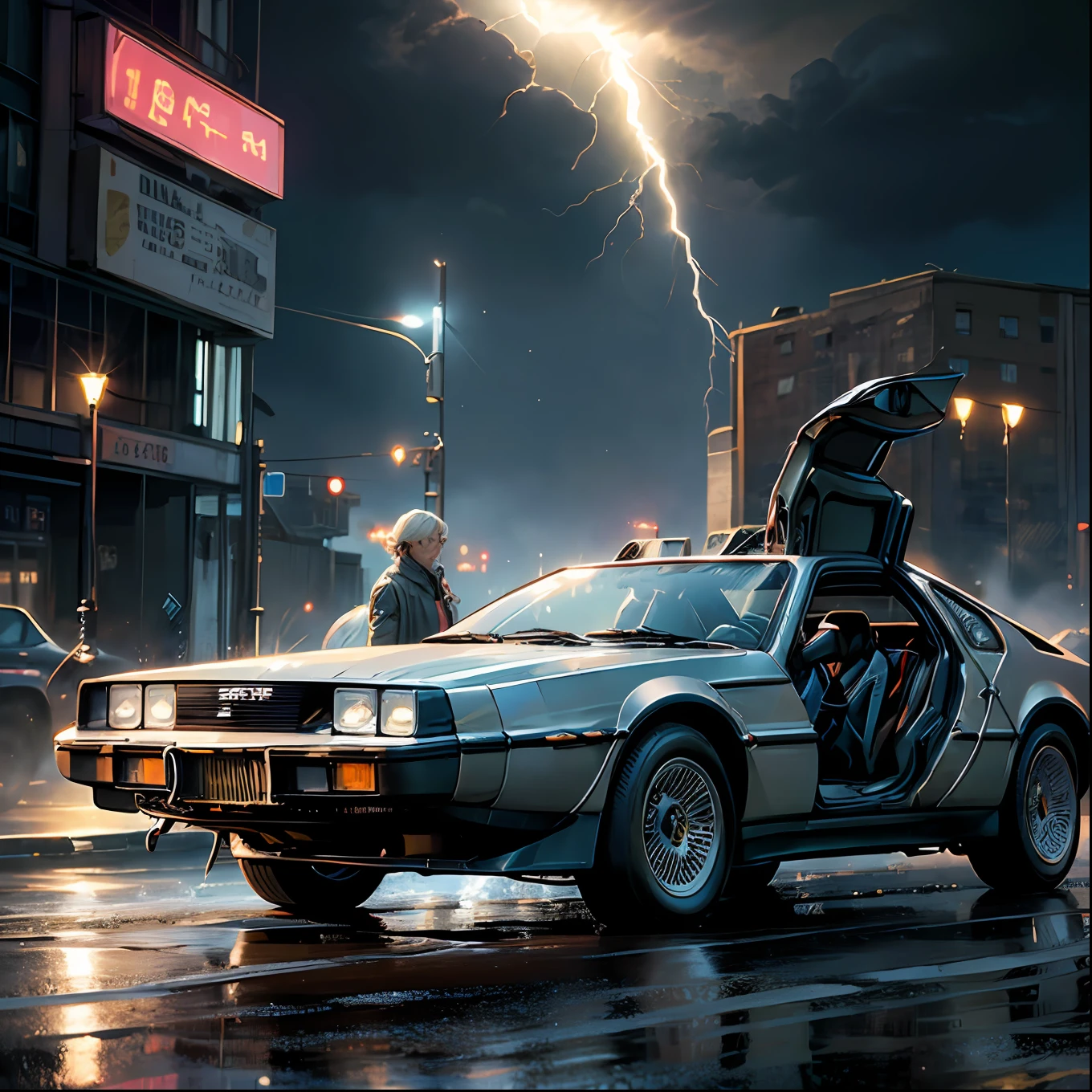 (masterpiece、top-quality、top-quality、Official art、Beautifully Aesthetic:1.2)、Back to the Future, Time Travel Moments in the DeLorean, Lightning hitting the clock tower, Electricity flowing into the vehicle, The moment of time shift, It has energy and light effects, Intricate details of iconic cars, Retro-futuristic 1980s style